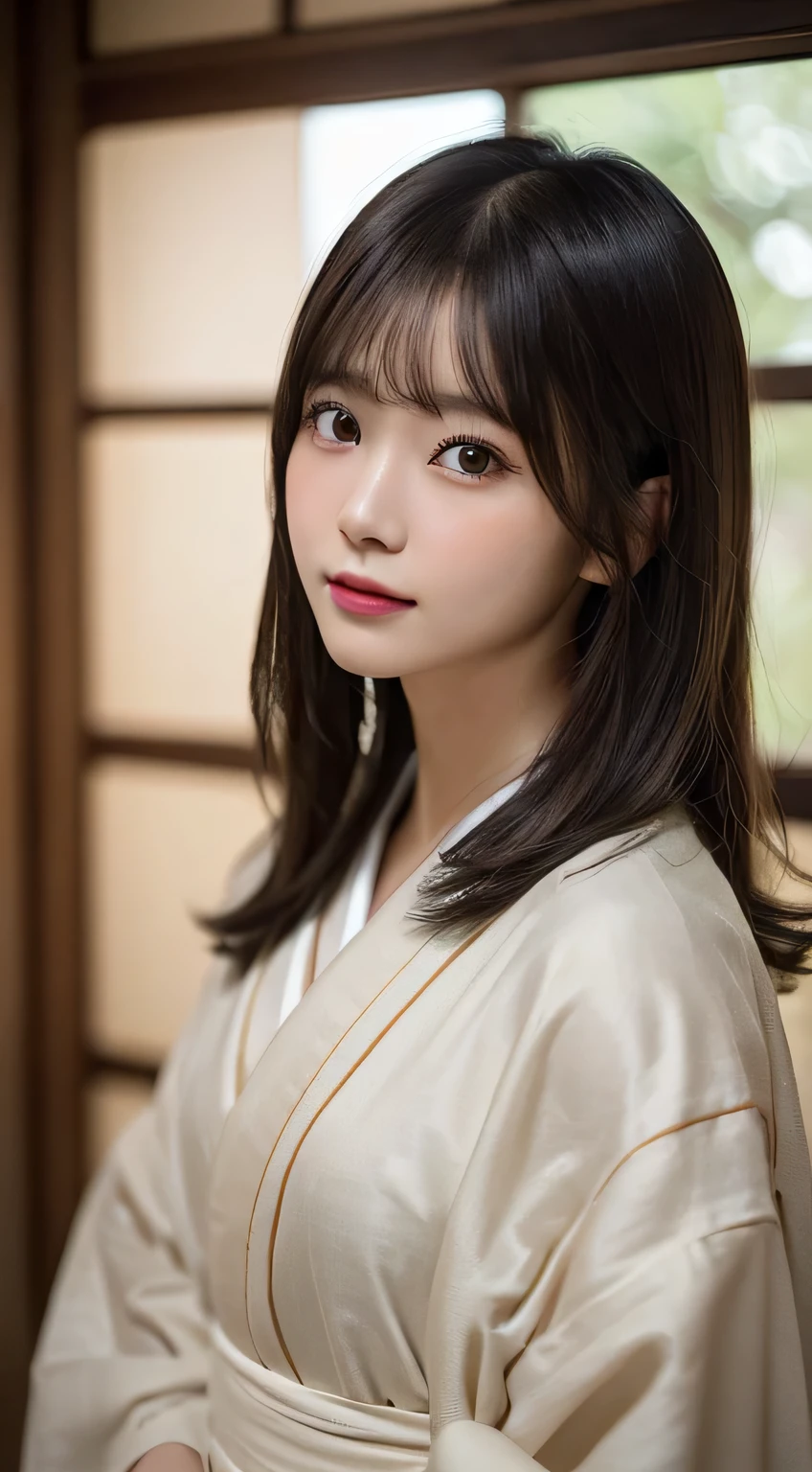 (Kimono)、((33yo))、inside in room、(top-quality,masterpiece:1.3,超A high resolution,),(ultra-detailliert,Caustics),(Photorealsitic:1.4,RAW shooting,)Ultra-realistic capture,A highly detailed,high-definition16Kfor human skin、 Skin texture is natural、The skin looks healthy with an even tone、 Use natural light and color、(One Woman)、japanes,,kawaii,A dark-haired,Middle hair,(depth of fields、chromatic abberation、Wide range of lighting、Natural Shading)
