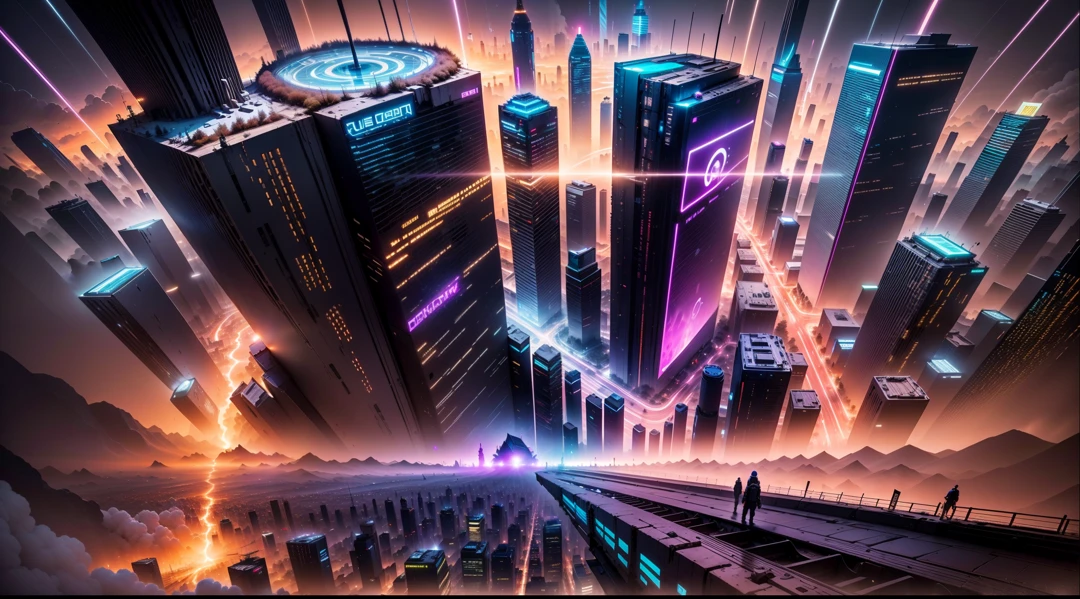 Looking down from the top of the mountain，cyber punk perssonage，full of lightrilliant fireworks，3d effect，A huge and decadent ring city，crossroad，overpass，Roads with high gradients，the night，（（Many hovering aircraft）），pedestrians，Sateen，inverted image，high qulity，（16K resolution），（（super-fine）），（（artworks）），Hyper-realistic，cinmatic lighting，Dynamic lines，OC rendering
