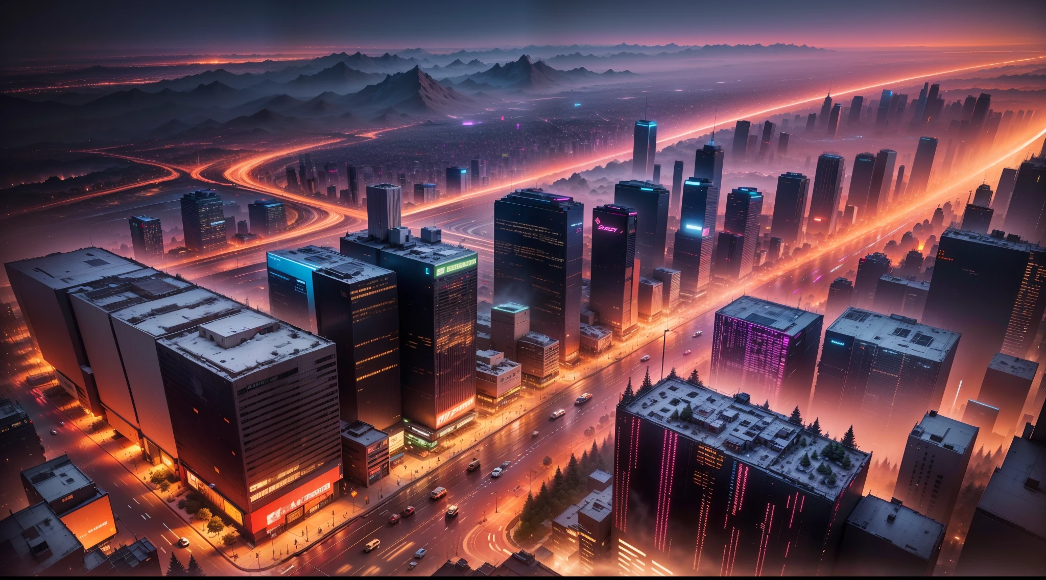 Looking down from the top of the mountain，cyber punk perssonage，full of lightrilliant fireworks，3d effect，A huge and decadent ring city，crossroad，overpass，Roads with high gradients，the night，（（Many hovering aircraft）），pedestrians，Sateen，inverted image，high qulity，（16K resolution），（（super-fine）），（（artworks）），Hyper-realistic，cinmatic lighting，Dynamic lines，OC rendering