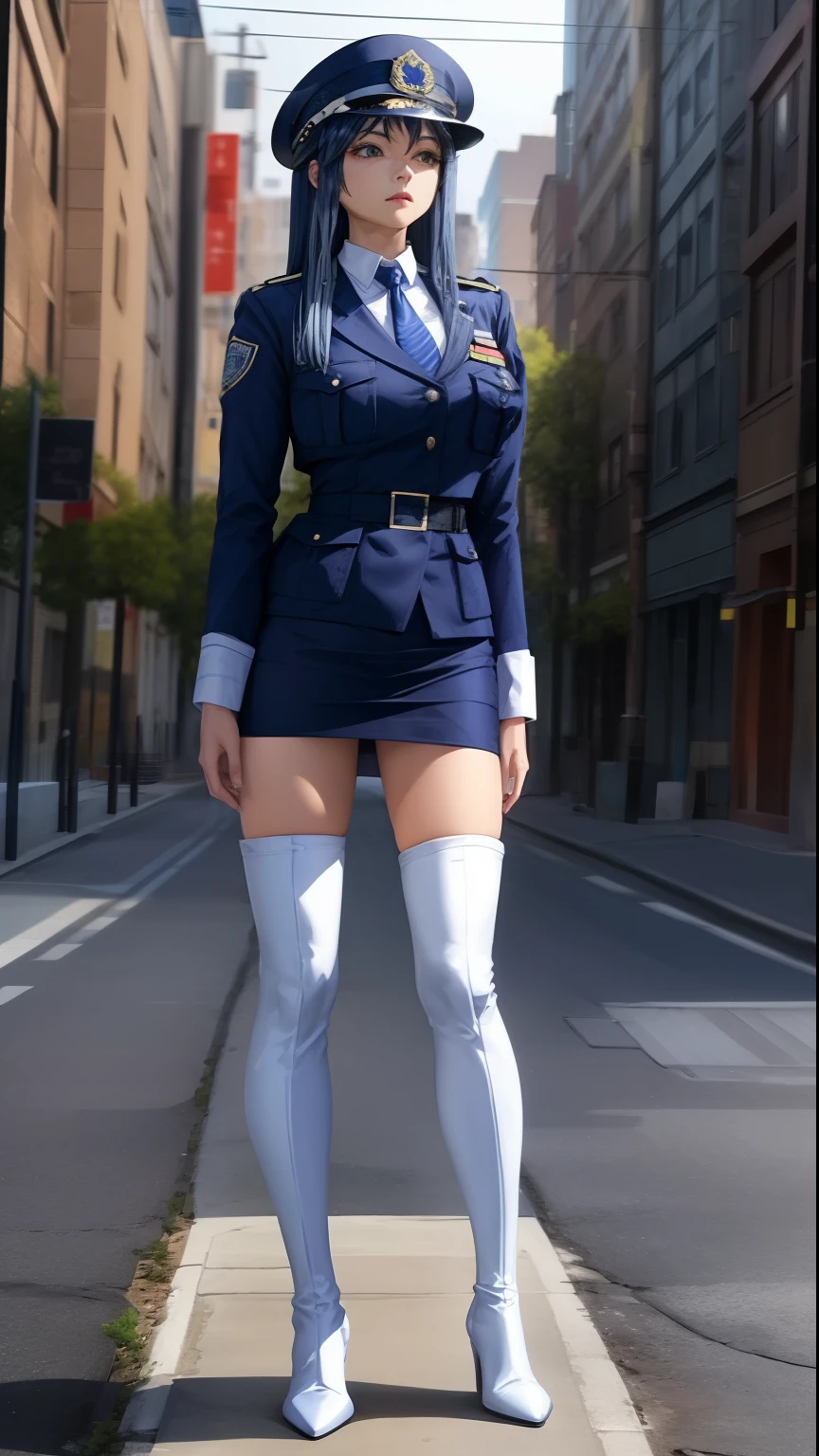 Female Police Officer、Long blue hair、Indigo Tie、Blue tight skirt、Indigo Blazer、pantyhose、White boots、high-heels、Standing statue with full body view