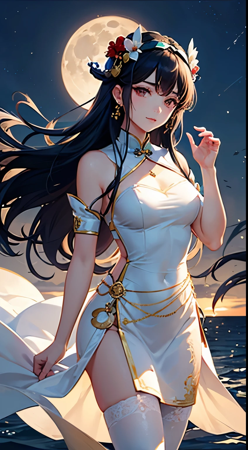 The pure white girl is icy and jade-free. Her hibiscus-long hair is waist-length. She is wearing silk and elegant white stockings with metal ornaments.(White and translucent meat) Shy expression scene setting with bright moon on sea,Tianya Gong is now wearing a garland on her head, and the dreamy wind is blowing her clothes。