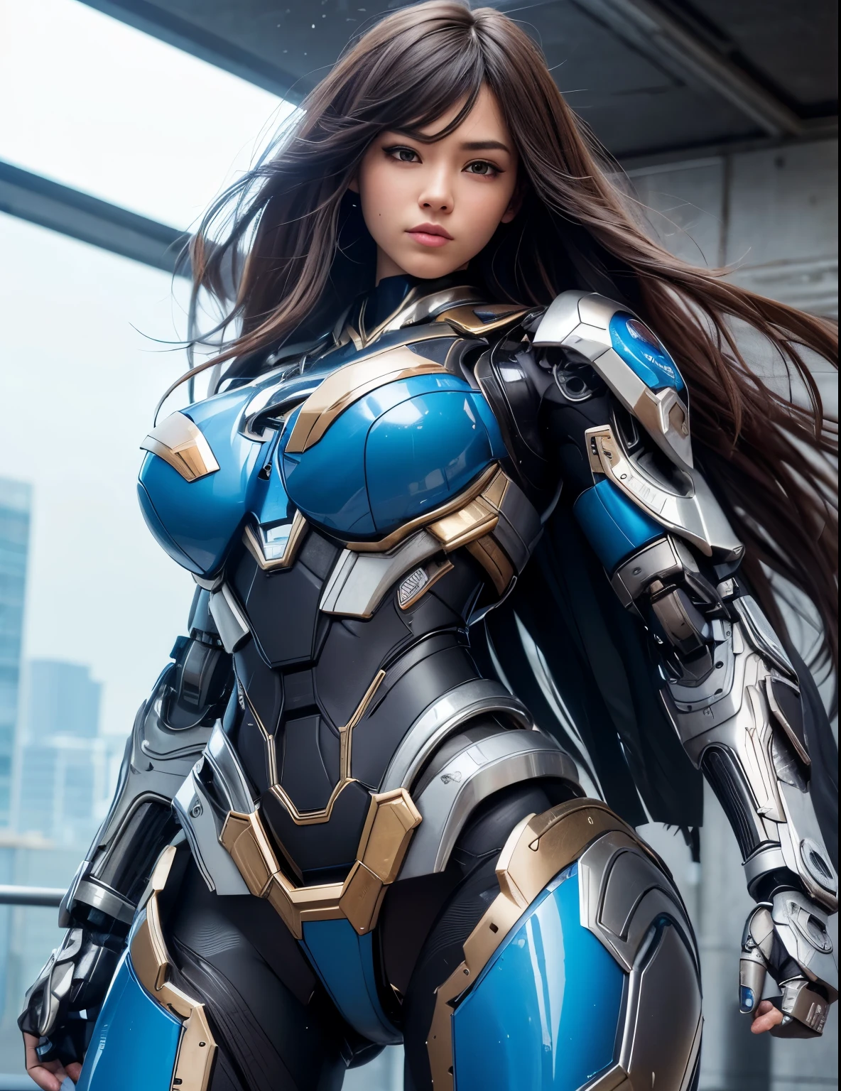 Textured skin, Super Detail, high details, High quality, Best Quality, hight resolution, 1080p, hard disk, Beautiful,(Superheroine),beautiful cyborg woman,Mecha Cyborg Girl,Battle Mode,Girl with a Mecha Body,She wears a futuristic Iron Patriot mech,Fulll body Shot