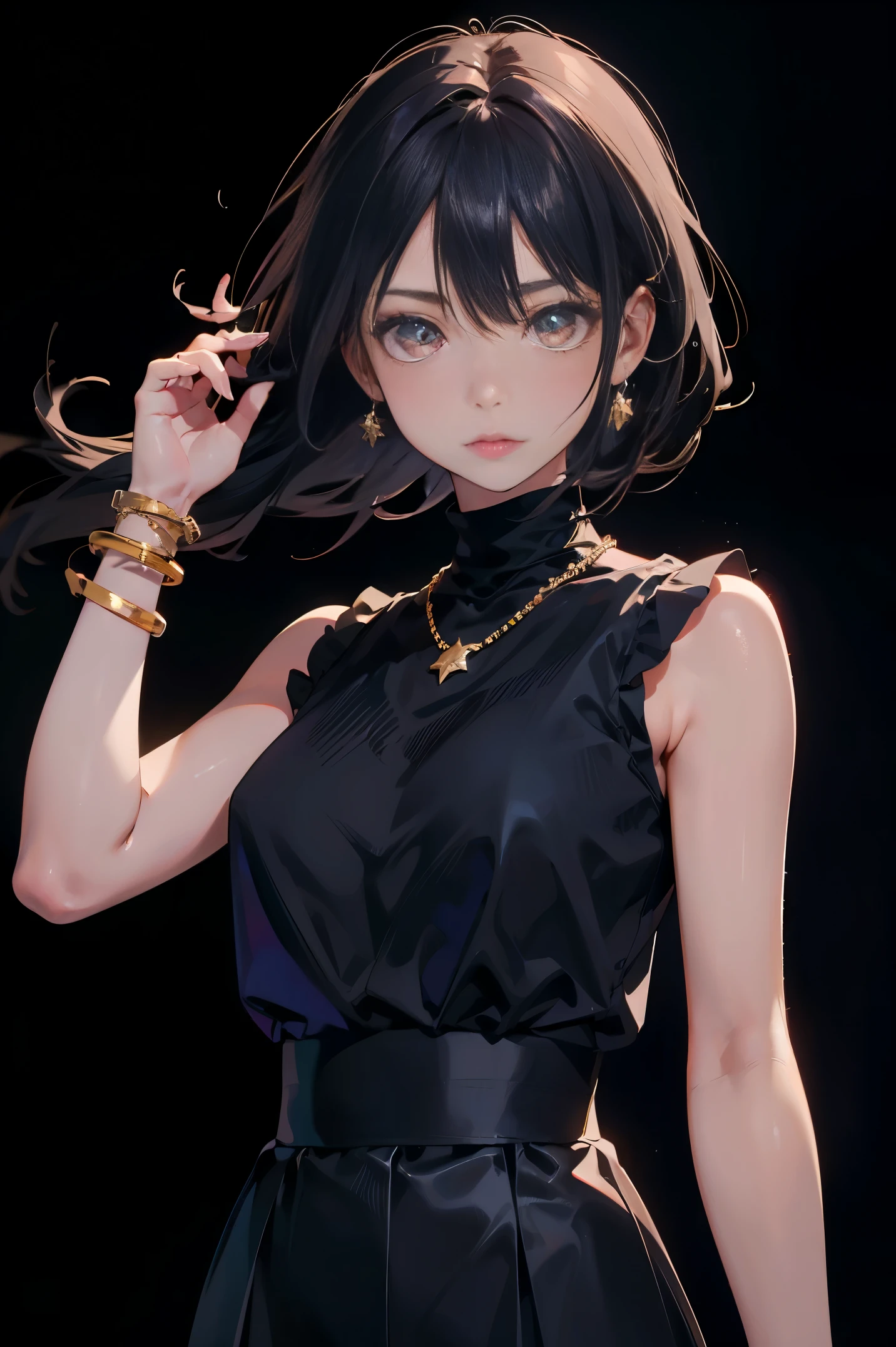 a 20 yo woman、Black blue Hair、poneyTail、(hi-top fade:1.3)、dark themed、Muted Tones、Subdued Color、highly contrast、(natural skin textures、Hyper-Realism、Soft light、sharp)、makeup, mascara, Lips are subdued or colors, simple black background, Minimalism, monotone, simple color palettes, Clean, sharp designs, flowing silhouettes, Tight skirts and pants, high-waisted skirts and pants, simple dresses, shirts and blouses, asymmetrical, geometric, Elegant and luxurious materials and designs, Simple, minimal accessories, Slim necklaces and rings in silver or gold, Simple bangles, Distinctive designs, simple silhouettes, simple and sophisticated style, elegance, minimalism, high quality materials, cool and urban impression, high fashion, simplicity and sophistication,Santa Costumes、Christmas、Christmas cosplay、The background is a Christmas tree、