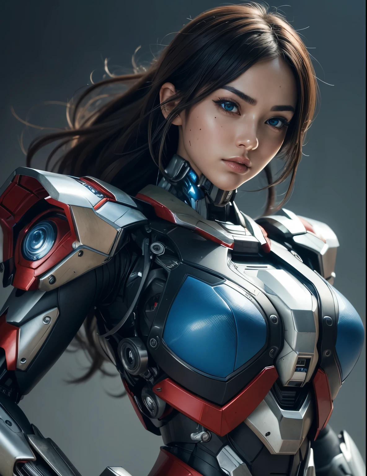 Textured skin, Super Detail, high details, High quality, Best Quality, hight resolution, 1080p, hard disk, Beautiful,(Superheroine),beautiful cyborg woman,Mecha Cyborg Girl,Battle Mode,Girl with a Mecha Body,She wears a futuristic Iron Patriot mech,Fulll body Shot