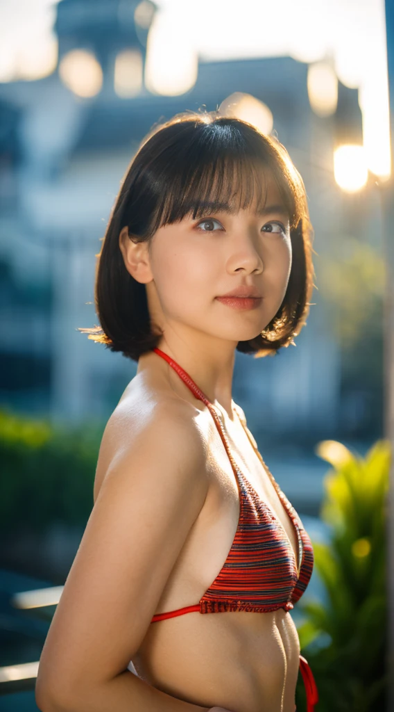"(Best Quality, nffsw, Hair with high regrowth rate, Short hair,((Bikini full body image ))Anatomically correct, Detailed eyes, Detailed lips, Textured skin, depth of fields, Backlighting, foot out of frame, One-person viewpoint, Zoom Layer, 85 mm, Super Detail"