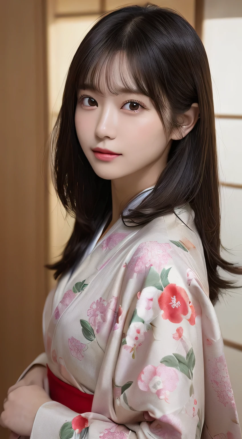 (Kimono)、((33yo))、inside in room、(top-quality,masterpiece:1.3,超A high resolution,),(ultra-detailliert,Caustics),(Photorealsitic:1.4,RAW shooting,)Ultra-realistic capture,A highly detailed,high-definition16Kfor human skin、 Skin texture is natural、The skin looks healthy with an even tone、 Use natural light and color、(One Woman)、japanes,,kawaii,A dark-haired,Middle hair,(depth of fields、chromatic abberation、Wide range of lighting、Natural Shading)