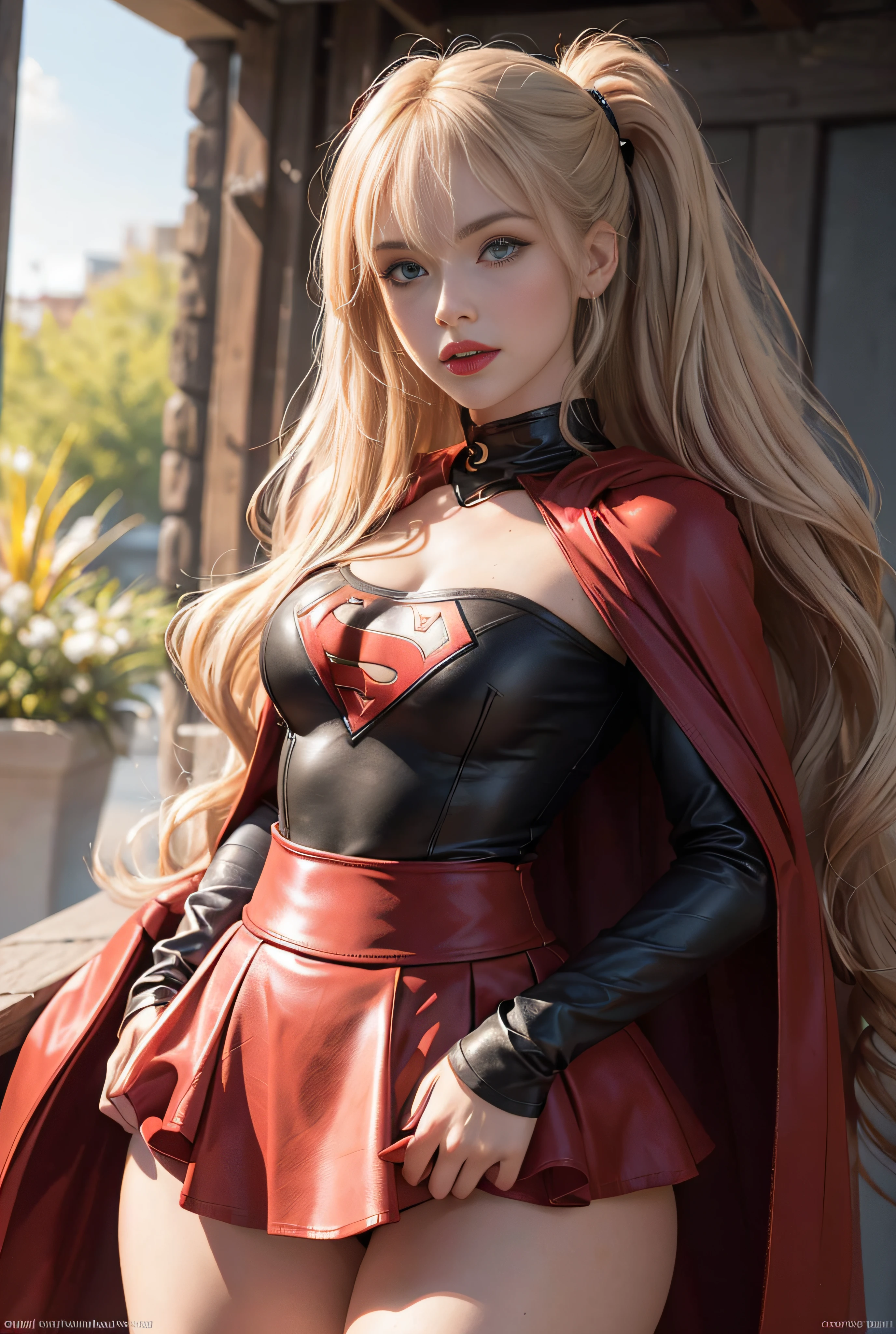 (Very detailed RAW color photography), 4k, realistic, charismatic, very detailed, there is a girl in the sky, dressed in a super girl costume, (she is a super girl), superhero theme, extra long blond and wavy hair, extra long ponytail with bangs, 25 years, full body, (detail in the eyes), (detail in the face),  Incredibly beautiful, blue eyes, blush, makeup, red lipstick, t-shirt, red cape, (black leather skirt), (wide hips), (thick thighs), small breasts, dress,, seductive pose, (extreme hourglass figure), strong thighs, svelt