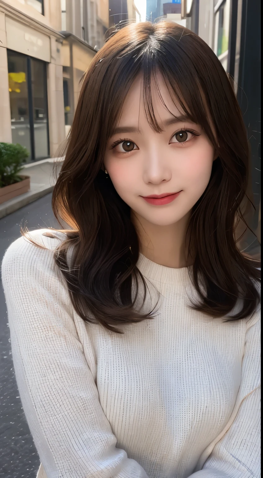 masutepiece, Best Quality, Illustration, Ultra-detailed, finely detail, hight resolution, 8K Wallpaper, Perfect dynamic composition, Beautiful detailed eyes, Winter dress,Medium Hair, Small breasts, Natural Color Lip,Smile,Big city、20 years girl、Midnight、beautifull detailed face、Perfect and beautiful face、slim face and style,Spread your arms wide,Big eyes,Take a photo from below the knees at a face angle,Blur the background