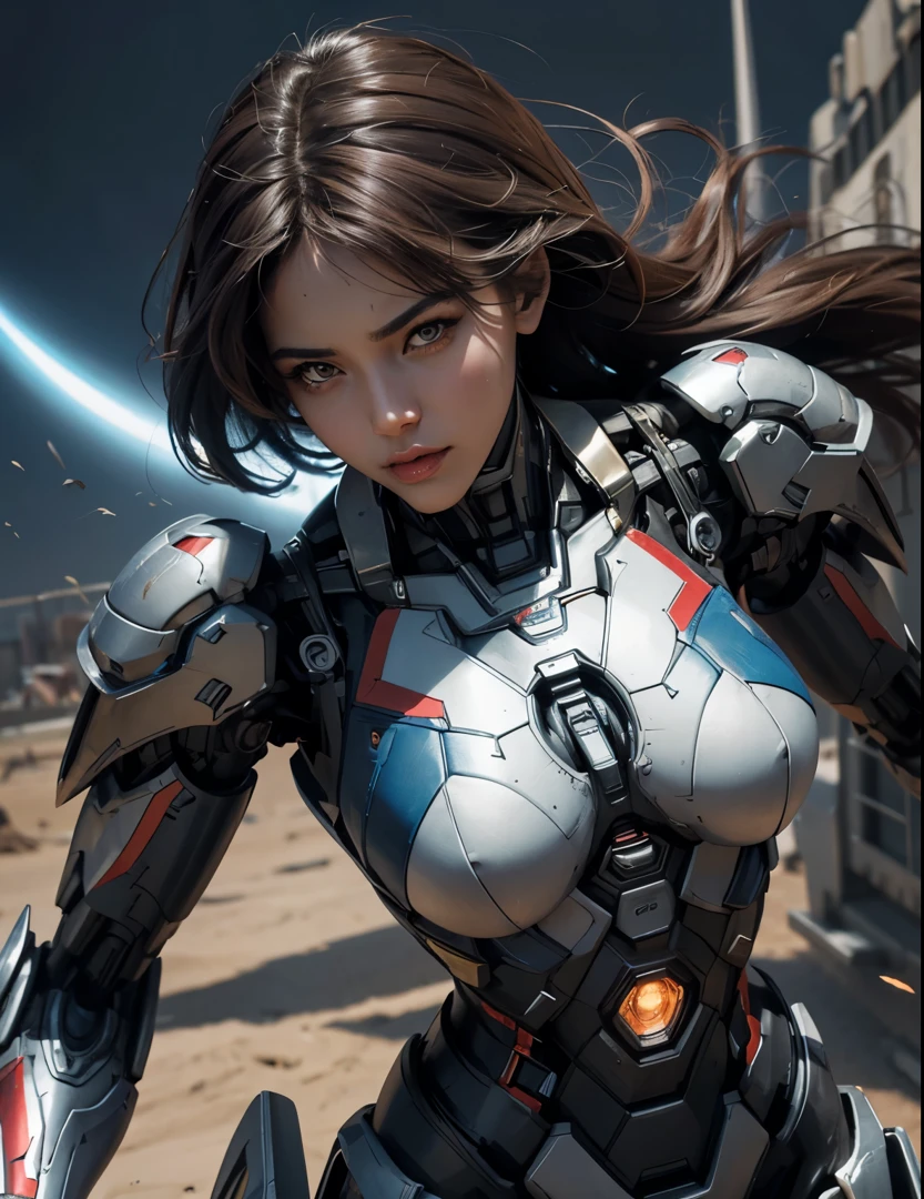 Textured skin, Super Detail, high details, High quality, Best Quality, hight resolution, 1080p, hard disk, Beautiful,(Superheroine),beautiful cyborg woman,Mecha Cyborg Girl,Battle Mode,Girl with a Mecha Body,She wears a futuristic Iron Patriot mech,Fulll body Shot