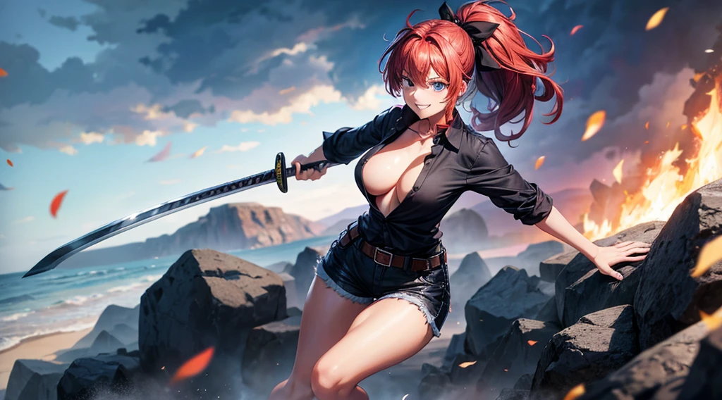 1girl, full body, solo, village, trees, colorful hair, curly hair, ponytail, large breasts, button down shirt, ninja, ((black shirt)), ((unbuttoned shirt)), ((sleeveless shirt)), blue eyes, black shorts, katana, grin, looking at the viewer, standing, hair ribbon, fighting