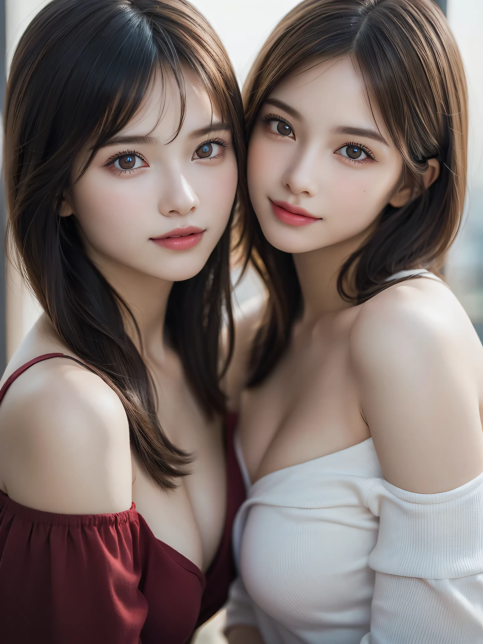 (2girls:1.3), (Ultra Realistic, hight resolution), (Highly detailed eyes, Highly detailed hair, Highly detailed face, Highly detailed plump lips), (off shoulder with open breasts), breasts, Upper body, Search Smile, (Best Quality:1.4), Raw photo, (Realistic, photo-Realistic:1.37), Professional Photography, Cinematic Light, (Fine face: 1.2), (View from above),