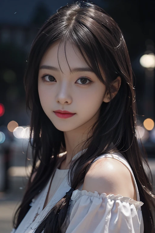 (No shoulder、No neck、Wearing a blue color sweater:1.4)、(Previous Focus)、(Dark: 1.6)、(masuter piece:1.3)、(32K、Photorealsitic、Raw photography、top-quality: 1.4)、(1girl in)、beautiful countenance、(Lifelike face)、(A dark-haired、Odango Hairstyles:1.3)、Beautiful hairstyle、realisticeyeeautiful details、deep-shadows、(real looking skin)、、Beautiful skins、、absurderes、enticing、超A high resolution、A hyper-realistic、high-detail、the golden ratio、、BREAK、(City night view background:1.6)、Look here and smile、