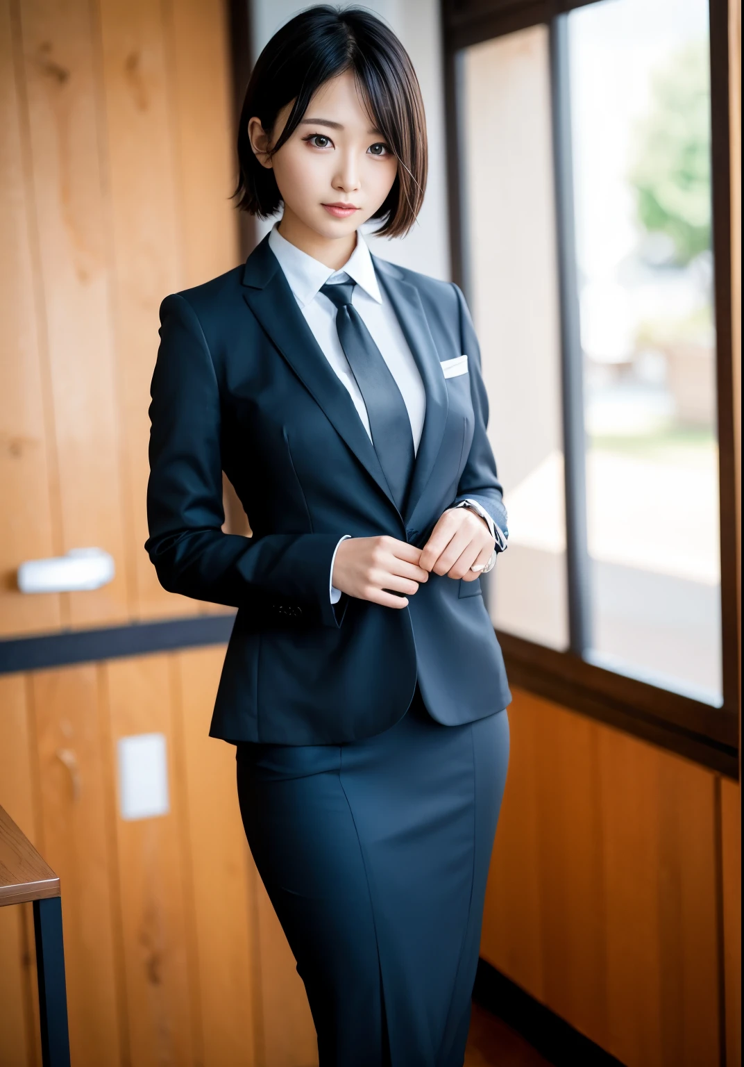 stunning beauty，（realisticlying：1.4），best qualtiy，tmasterpiece，Very delicately beautiful，ighly detailed，nffsw，4k,8K，finedetail，1girll，School teacher，Long legs，shorth hair，short-hair,There is a blackboard,a smile,40 years,Formal suit、Standing