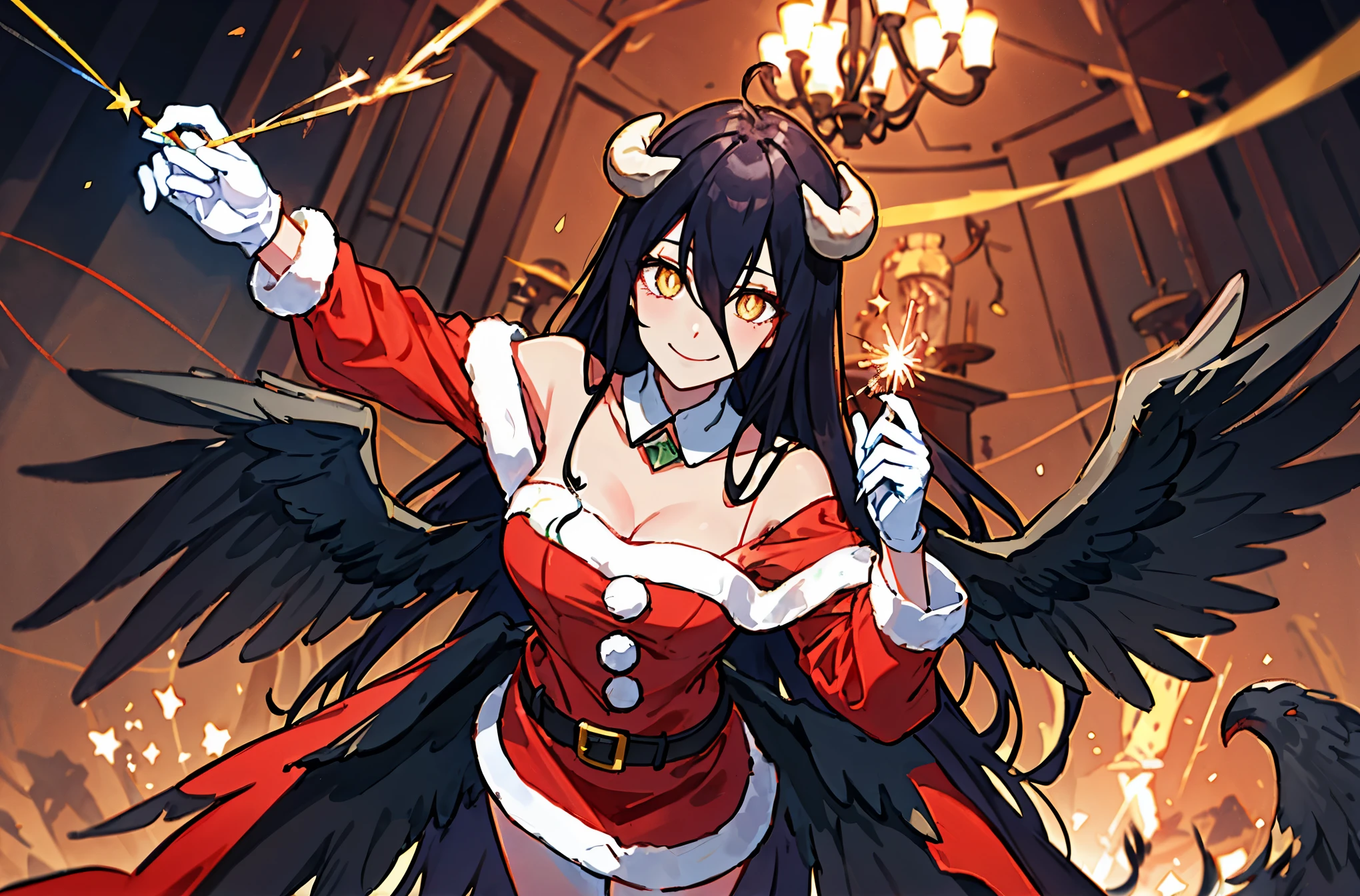 tmasterpiece, beste-Qualit, hight resolution, AL1, horns demon, slit pupils, white gloves, whitedress, bare shoulders, detached collar, décolleté, black wings, feathered wings, Low wings, cowboy  shot, standingn, dungeon, wicked smile, (holding a sparkler in his hand), (santa clothes)