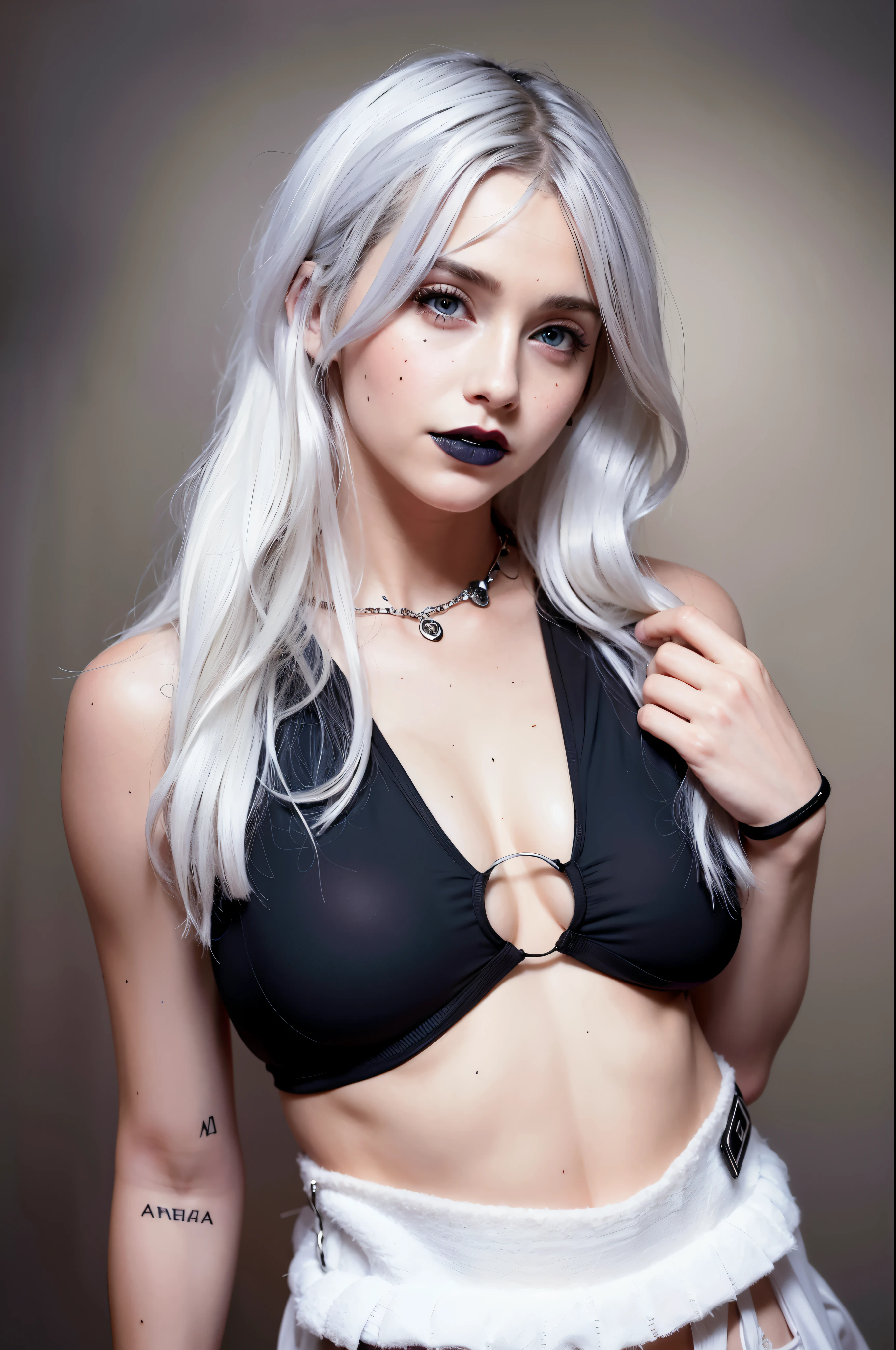 Emma Watson with blue eyes and a black bra top posing for a picture, perfect white haired girl, 2 4 old female model, pale goth beauty, sexy gaze, in a black betch bra, portrait of kim petras, ava max, with long blond hair, with long hair and piercing eyes, black bra, wearing black choker, sexy look at the camera