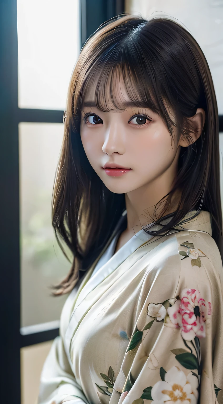 (Kimono）、((23years old))、inside in room、(top-quality,​masterpiece:1.3,超A high resolution,),(ultra-detailliert,Caustics),(Photorealsitic:1.4,RAW shooting,)Ultra-realistic capture,A highly detailed,high-definition16Kfor human skin、 Skin texture is natural、The skin looks healthy with an even tone、 Use natural light and color、(One Woman)、japanes,,kawaii,A dark-haired,Middle hair,(depth of fields、chromatic abberation、Wide range of lighting、Natural Shading)