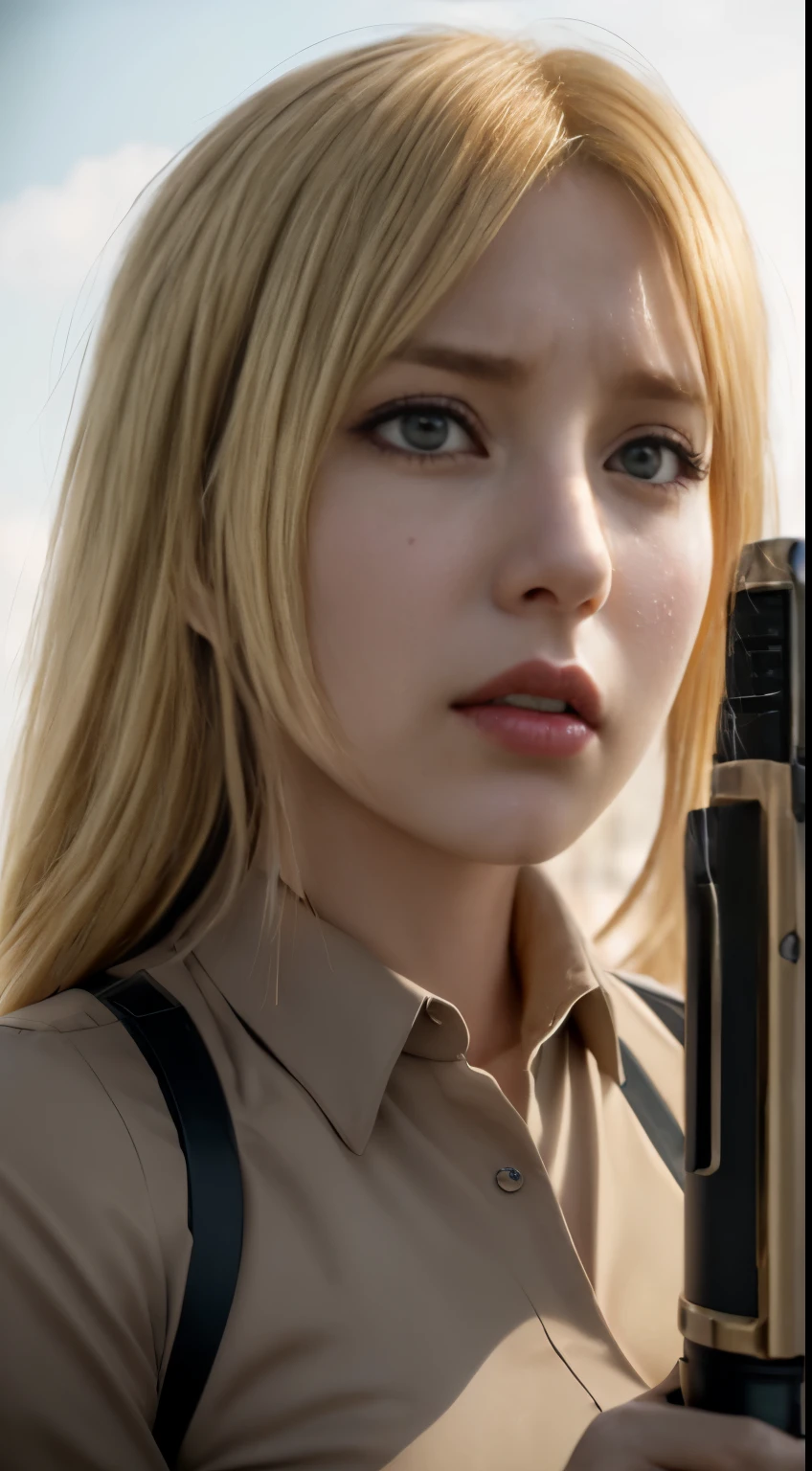 a close up of a woman with a gun in a field, from attack on titan, annie leonhart, looking like annie leonhart, attack on titan covert art, (attack on titans anime), in attack on titan, attack on titan, snk, attack on titan anime style, attack on titans, shingeki no kyojin, female protagonist 👀 :8，A giant female horn color glass tower · connection（Crysta Lens，Christa Lenz，voice：Eda Mikami），golden hair，Long golden hair，Combat attire，binh，metal light holder，golden hair，blue color eyes