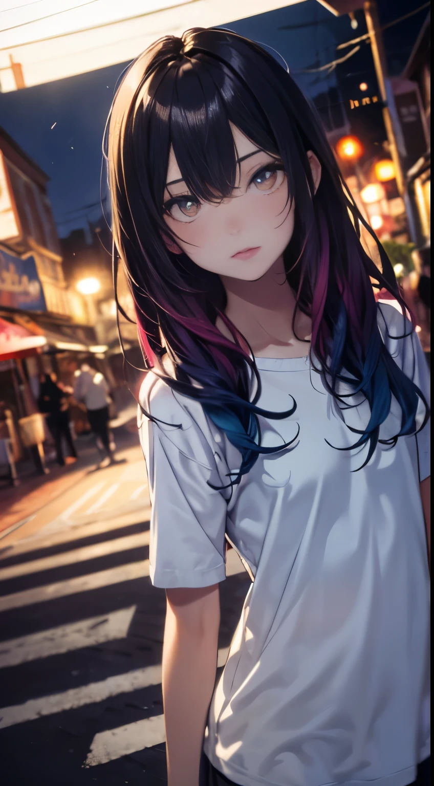 NY, (gradient hair, dutch angle:1.3), film grain, chromatic aberration, city, masterpiece, best quality, raw photo, photorealistic, absurdres, 1girl, cute, perspective, cowboy shot, highres, ultra detailed, detailed eyes and face, sharp pupils, realistic pupils, sharp focus, summer, night,
