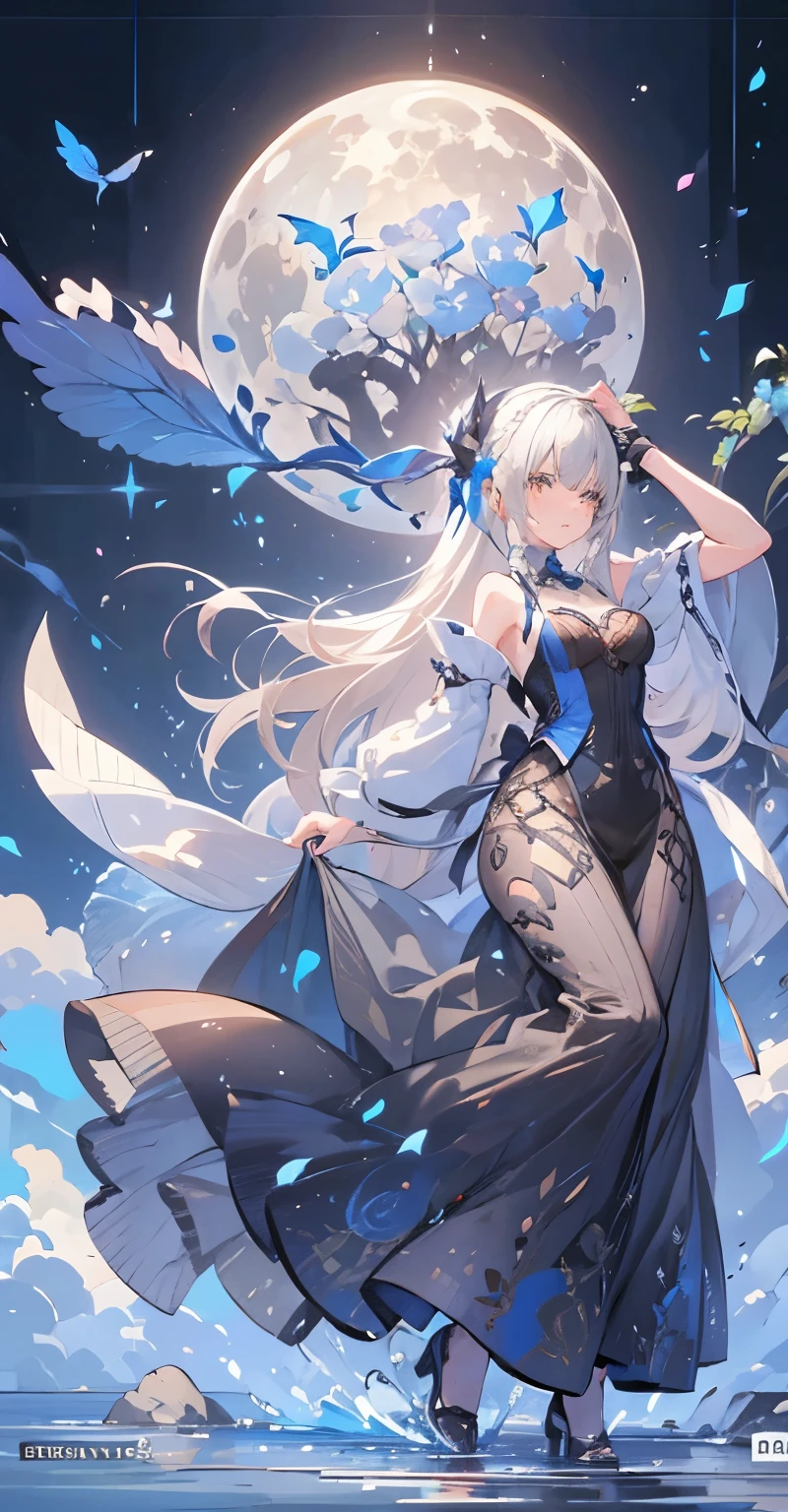 (masutepiece), (Best Quality), Highly detailed, One girl, full body photographed,Perfect face, Beautiful face, extra detailed face,(Long gray hair:1.3),Mare,butterflys々,flower petals,optic,waterface,a moon,splash water,Fantasia,fanciful,mystical