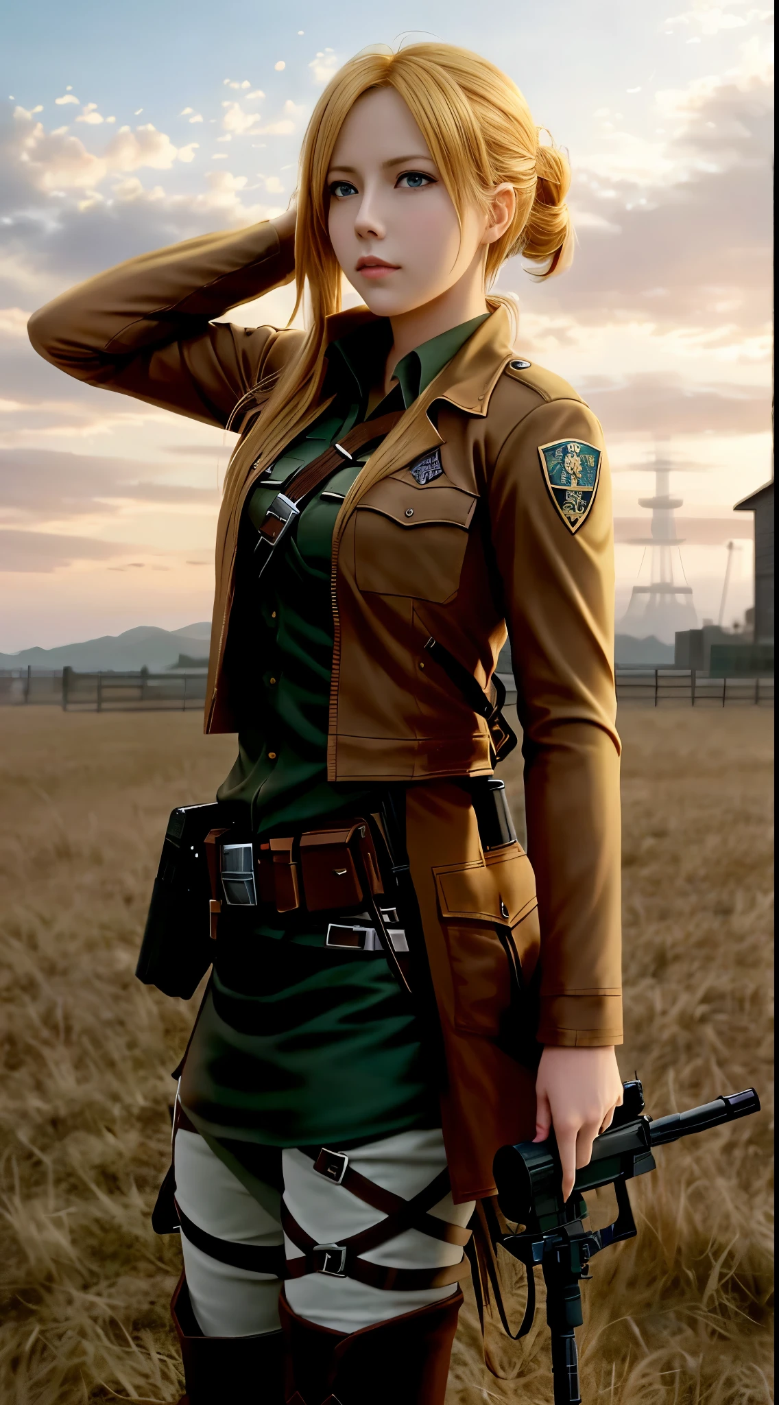a close up of a woman with a gun in a field, from attack on titan, annie leonhart, looking like annie leonhart, attack on titan covert art, (attack on titans anime), in attack on titan, attack on titan, snk, attack on titan anime style, attack on titans, shingeki no kyojin, female protagonist 👀 :8，A giant female horn color glass tower · connection（Crysta Lens，Christa Lenz，voice：Eda Mikami），golden hair，Long golden hair，Combat attire，binh，metal light holder，golden hair，A giant female horn color glass tower · connection（Crysta Lens，Christa Lenz，voice：Eda Mikami），golden hair，Long golden hair，Combat attire，binh，metal light holder，golden hair，blue color eyes