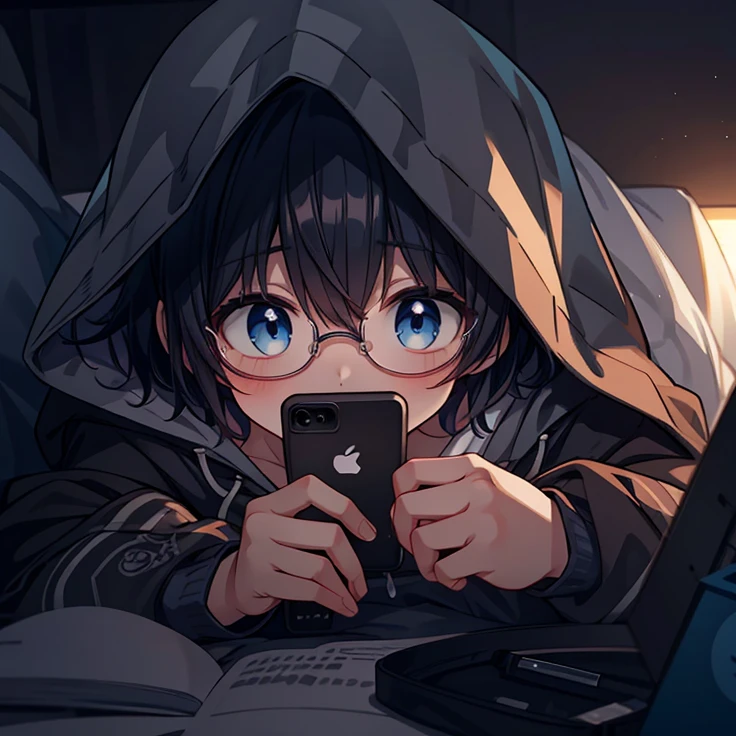 anime boy short hair with blue eyes and use black glasses lying in bed and hoodie looking at his phone, anime wallaper, anime picture, 4k anime wallpaper, 4k manga wallpaper, anime art wallpaper 8k, anime wallpaper 4k, anime wallpaper 4k, anime art wallpaper 4k, anime art wallpaper 4k, hd anime wallaper, digital anime illustration