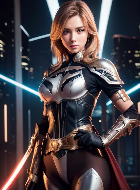 beautiful woman with light sword. brown haired. Beautifully dressed in white battle uniform made of reinforced plastic..... Waistline reminds me of Batman.'a belt.. She's in Gotham City at dusk. Serious look. 8K image quality.