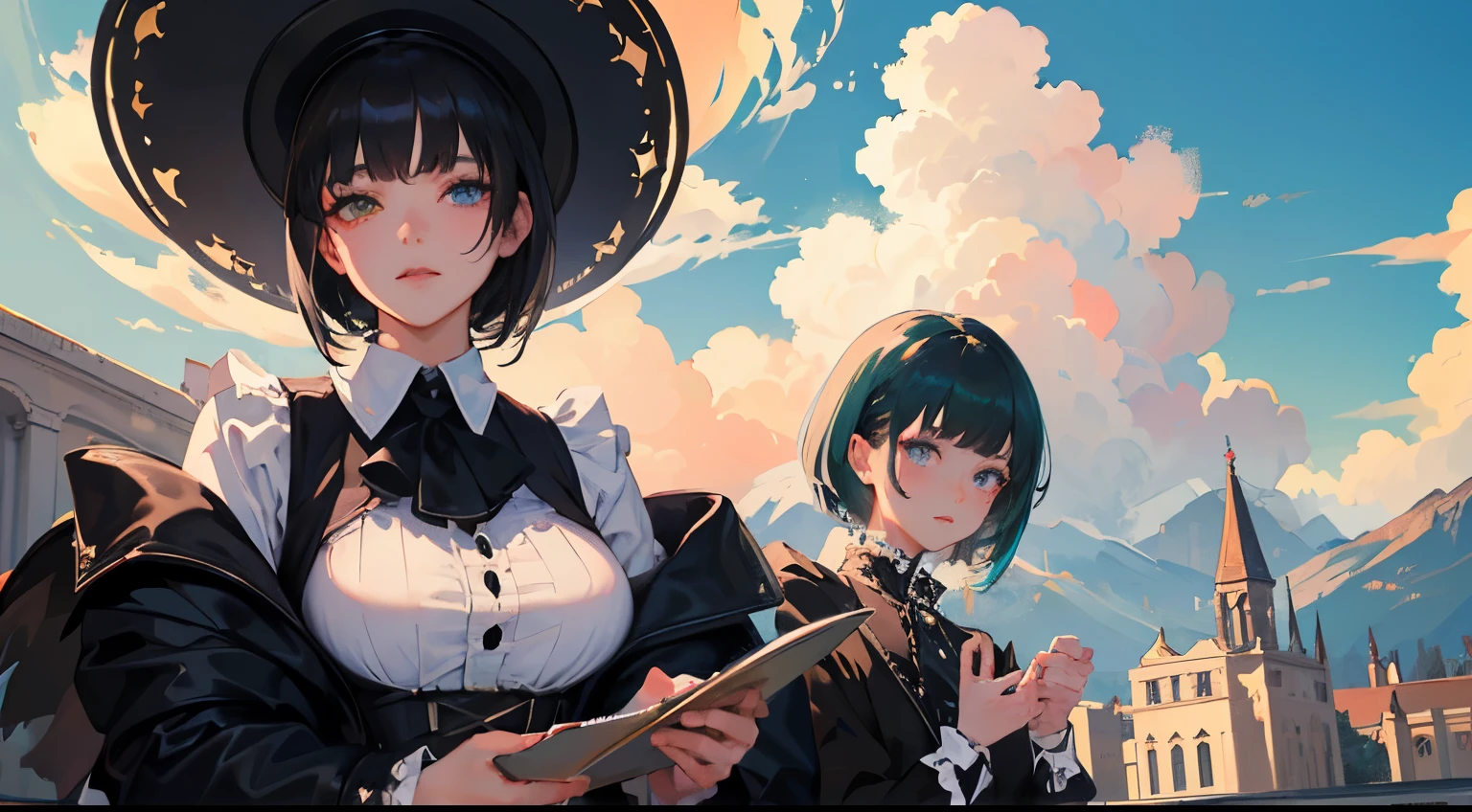 masterpiece, PERFECT FACE, Detailed heterochromia eyes, sky, cloud, gothic, 1girl, short black hair, very detailed hair, magician girl, magician hats, full black vest costume, visible torso, elegant and masquerade, gothic, strong pose