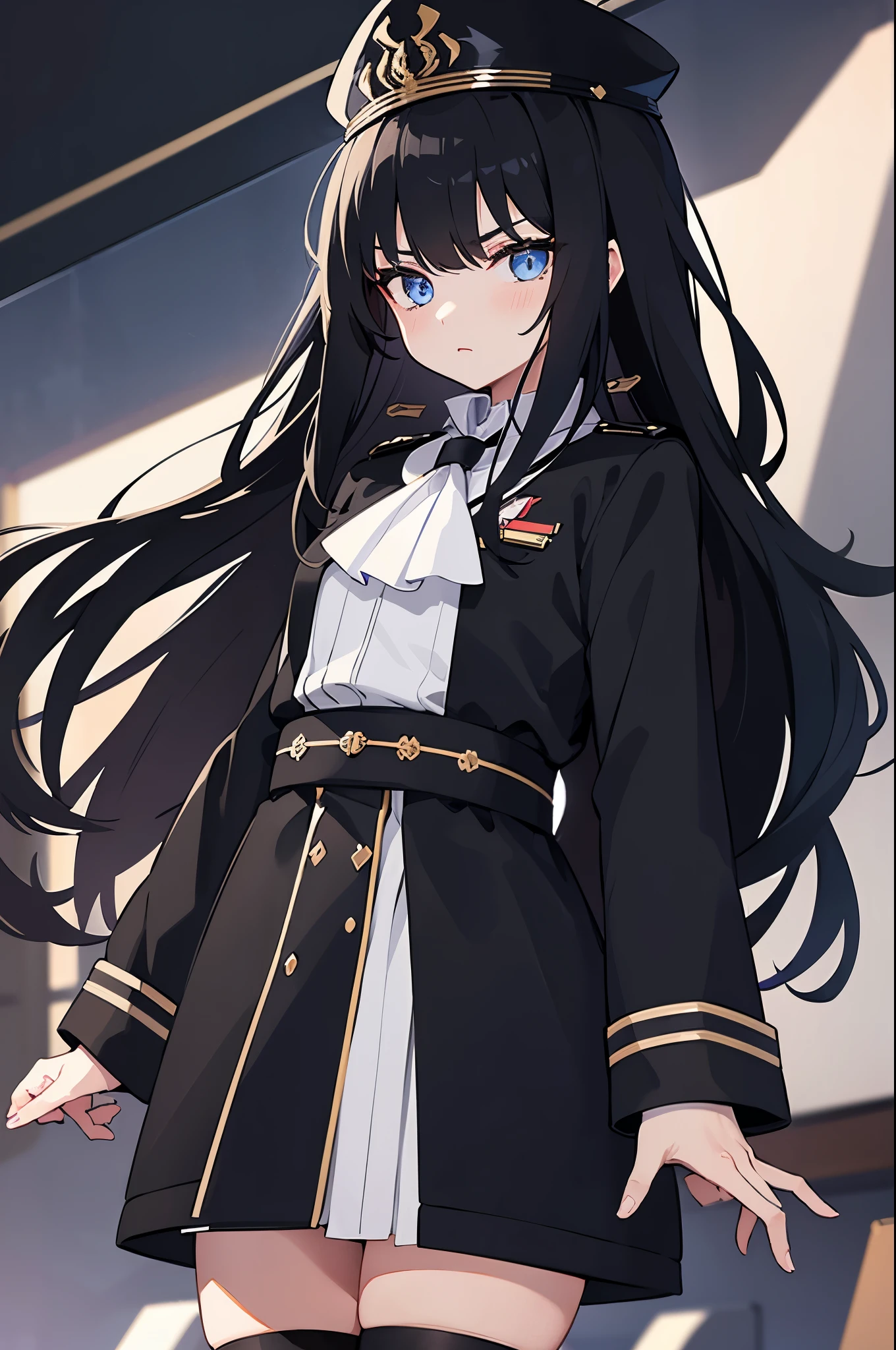 1 girl, Alone, Long black hair, , looking at viewert, through bangs, eBlue eyes, The shirt, mitts, longer sleeves, hair between eye, jewely, shut up, black hair color hair, jaket, white The shirt, Upper part of the body, black hair color hair, The color hair, Outdoor sports, Decorative style, black mitts, obi strip, Medium hair, bblurry, Two colors of hair, Striped hair, Manteau, black jaket, ascot, Black tiara, bblurry background, brooch, precious stones, Buckle up, black obi strip, black Manteau, There is at the top,ruin background,(military hat),(Bad laughs),Uniform