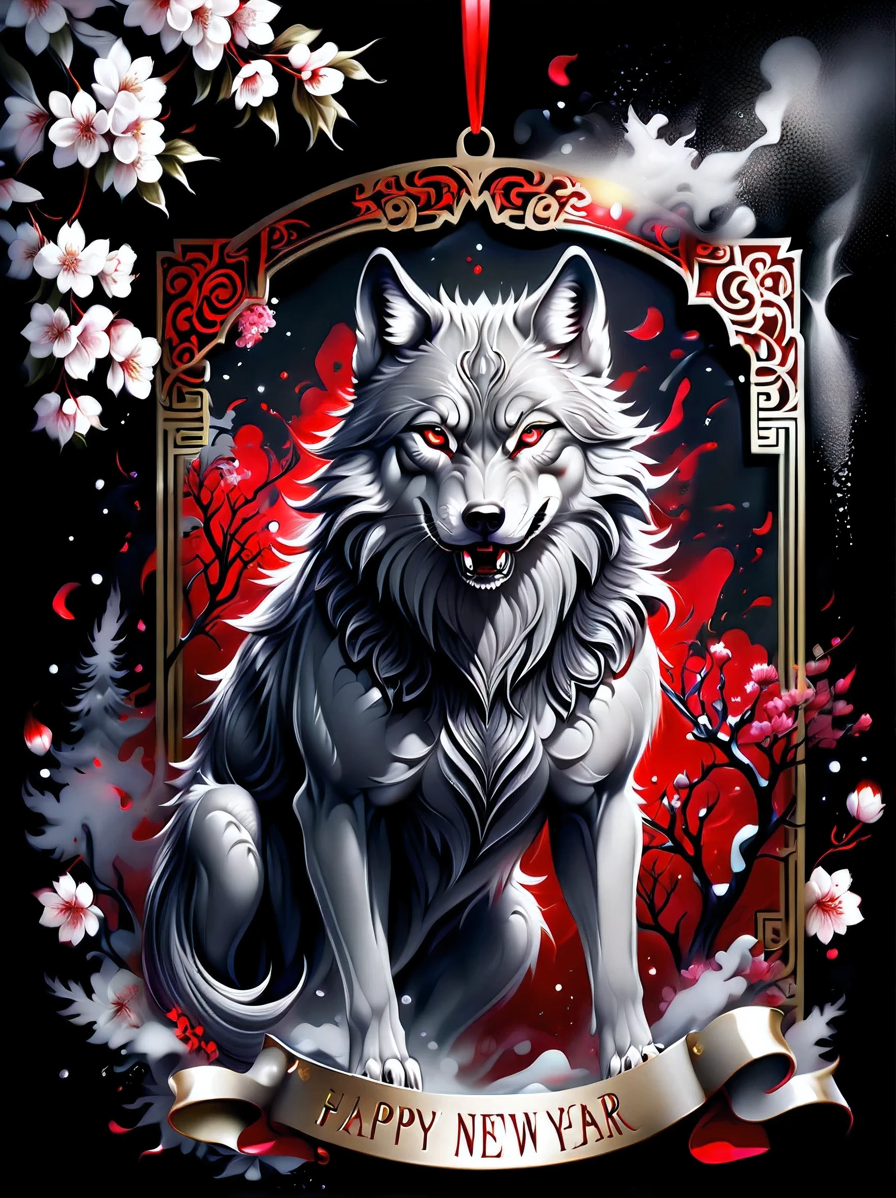 (((Gouache illustrated gel:1.3))), wolf with stunning gray fur, The word "Happy New Year" on a black metal plate, insane draw, dark fantasy atmosphere, (((intricate detailes:1.3))), Beautiful texture, masutepiece, inky, Red, white, master stroke, airblash, Around the fusion of cherry blossom blizzard and snow, beauty below blash background detail, fighting spirit, Fighting instinct, become extremely emotional,(((About New Year decoration scroll illustration:1.3))), (((on The word "Happy New Year":1.3))), insane draw, dark fantasy atmosphere, intricate detailes, Beautiful texture, masutepiece, inky, Red, white, master stroke, (((Masterpieces of detail:1.3))), Super Illustration of masutepiece, High contrast, Tonal contrast, cinematic still, Cinematic Angle, Cinematic lighting, Green, Happy atmosphere, (((Dark fantasy aesthetic explosion graffiti background:1.4))), Style_blash, gold,