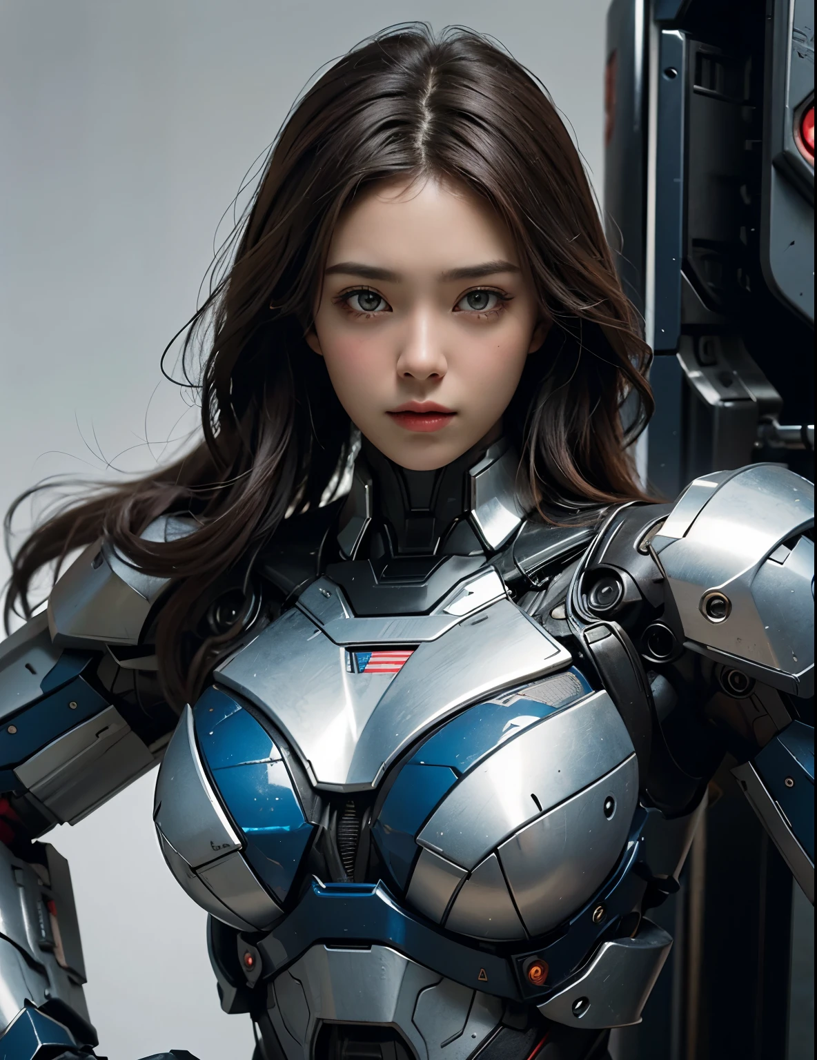 Textured skin, Super Detail, high details, High quality, Best Quality, hight resolution, 1080p, hard disk, Beautiful,(Iron Patriot),beautiful cyborg woman,Mecha Cyborg Girl,Battle Mode,Girl with a Mecha Body,彼女は未来的なIron Patriotメカを身に着けています,Fulll body Shot