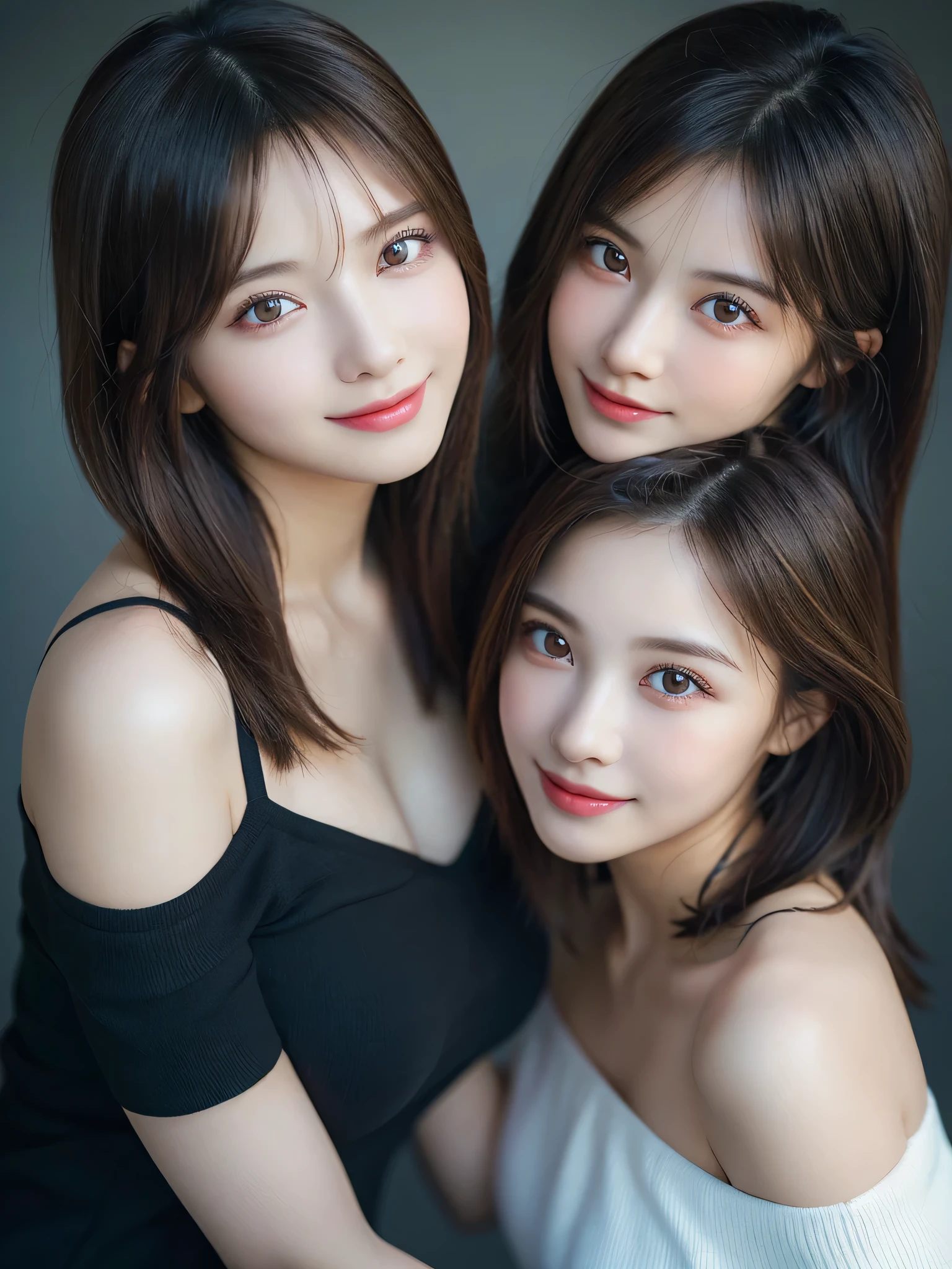 (2girls:1.3), (Ultra Realistic, hight resolution), (Highly detailed eyes, Highly detailed hair, Highly detailed face, Highly detailed plump lips), (off shoulder with open breasts), breasts, Upper body, Search Smile, (Best Quality:1.4), Raw photo, (Realistic, photo-Realistic:1.37), Professional Photography, Cinematic Light, (Fine face: 1.2), (View from above),