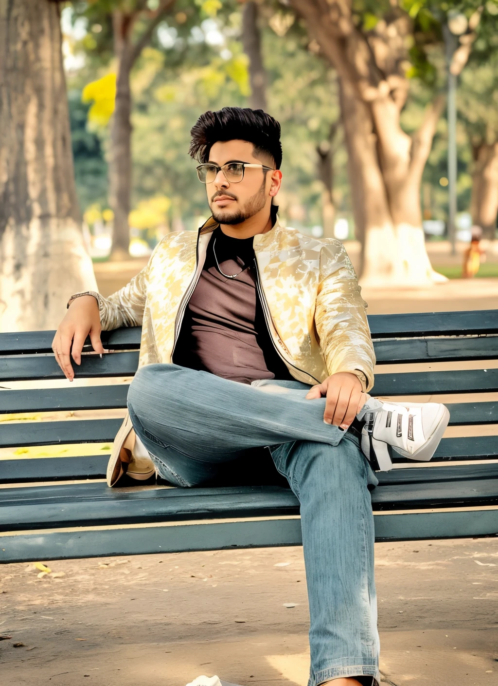 araffe sitting on a bench in a park with a pair of shoes, casual photography, modeling shoot, sitting on bench, sitting on a park bench, sitting on a bench, edited in photoshop, stylish pose, with a cool pose, full body photogenic shot, candid picture, modeling photography, shot on nikon z9, with lovely look