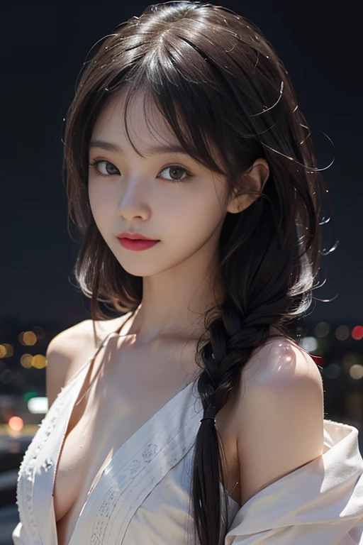 (No shoulder、No neck、Wearing no clothes:1.4)、(Previous Focus)、(Dark: 1.6)、(masuter piece:1.3)、(32K、Photorealsitic、Raw photography、top-quality: 1.4)、(1girl in)、beautiful countenance、(Lifelike face)、(A dark-haired、Odango Hairstyles:1.3)、Beautiful hairstyle、realisticeyeeautiful details、deep-shadows、(real looking skin)、、Beautiful skins、、absurderes、enticing、超A high resolution、A hyper-realistic、high-detail、the golden ratio、、BREAK、(City night view background:1.6)、Look here and smile、small nipples. small breasts, flat chest, 8 year-old