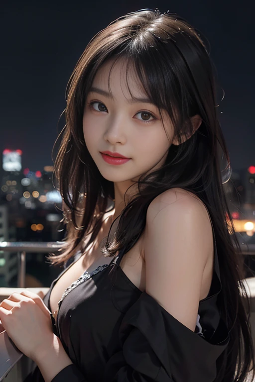 （No shoulder、No neck、Wearing no clothes:1.4）、(Previous Focus)、(Dark: 1.6)、(masuter piece:1.3)、(32K、Photorealsitic、Raw photography、top-quality: 1.4)、(1girl in)、beautiful countenance、(Lifelike face)、(A dark-haired、Odango Hairstyles:1.3)、Beautiful hairstyle、realisticeyeeautiful details、deep-shadows、（real looking skin）、、Beautiful skins、、absurderes、enticing、超A high resolution、A hyper-realistic、high-detail、the golden ratio、、BREAK、(City night view background:1.6)、Look here and smile、small nipples. small breasts, flat chest, 8 year-old