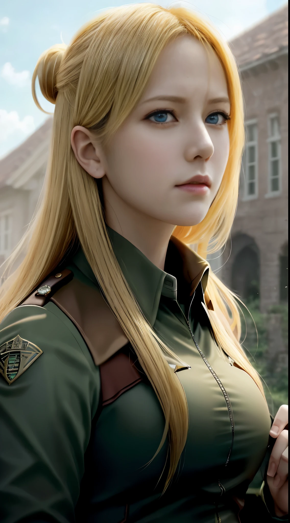 a close up of a woman with a gun in a field, from attack on titan, annie leonhart, looking like annie leonhart, attack on titan covert art, (attack on titans anime), in attack on titan, attack on titan, snk, attack on titan anime style, attack on titans, shingeki no kyojin, female protagonist 👀 :8,A giant female horn color glass tower · connection(Crysta Lens,Christa Lenz,voice:Eda Mikami),golden hair,Long golden hair,Combat attire,binh,metal light holder,golden hair,A giant female horn color glass tower · connection(Crysta Lens,Christa Lenz,voice:Eda Mikami),golden hair,Long golden hair,Combat attire,binh,metal light holder,golden hair,blue color eyes