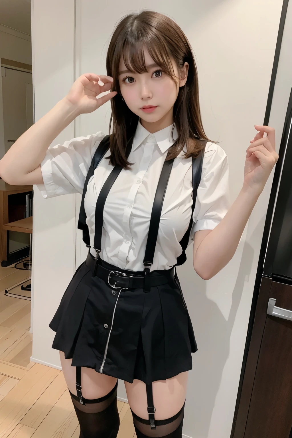 Brown hair、watching at viewers　　suspenders　　　big breasts　　 　 　　　　Black miniskirt　garterbelts　knee high socks　　　　　　Gaze　　　Small face　bangss 　　　　　Beautuful Women　　hands up　　 　Gaze 　Black boots 　　　Armpit sweat　soio 　　Fold your hands behind your back　Belt Shirt　teats