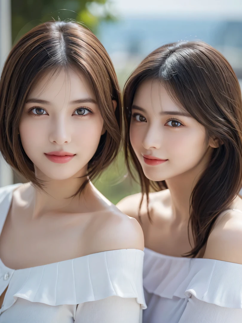(2girls:1.3), (Ultra Realistic, hight resolution), (Highly detailed eyes, Highly detailed hair, Highly detailed face, Highly detailed plump lips), (off shoulder with open breasts), breasts, Upper body, Search Smile, (Best Quality:1.4), Raw photo, (Realistic, photo-Realistic:1.37), Professional Photography, Cinematic Light, (Fine face: 1.2), (View from above),