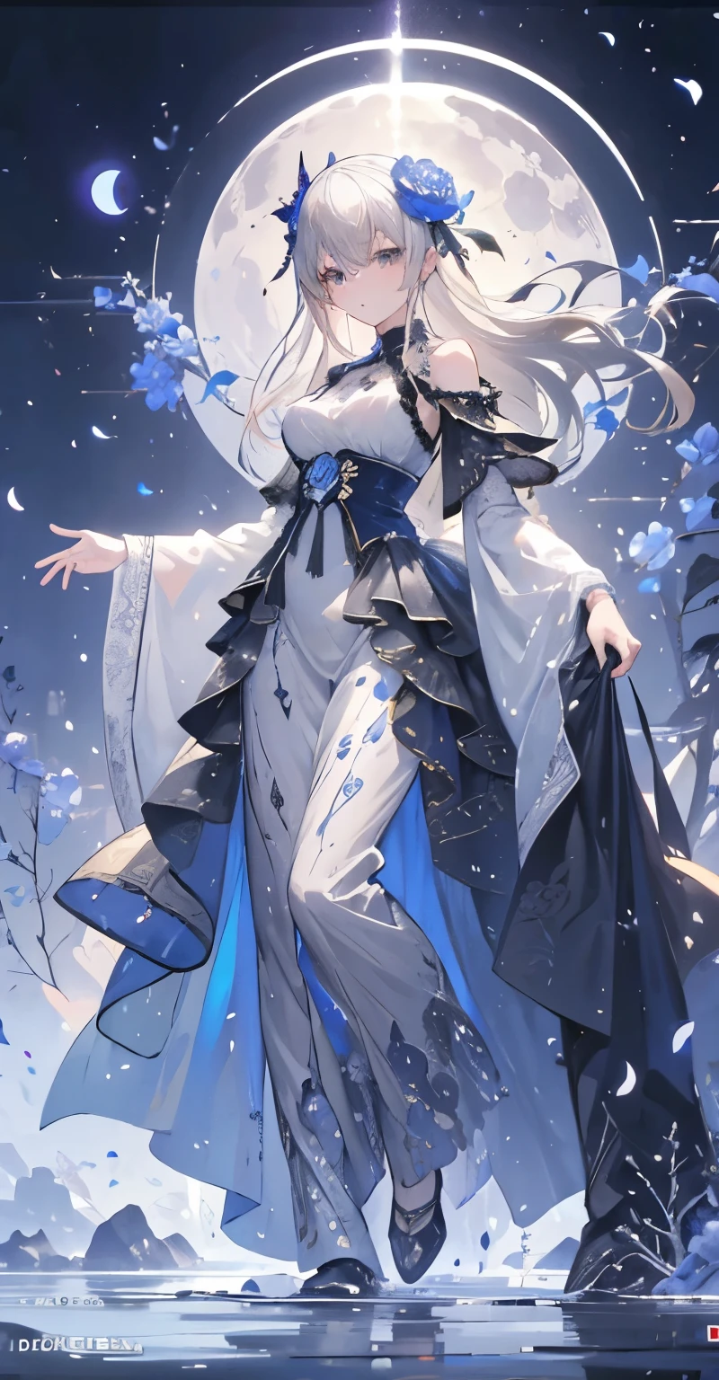 (masutepiece), (Best Quality), Highly detailed, One girl, full body photographed,Perfect face, Beautiful face, extra detailed face,(Long gray hair:1.3),Mare,butterflys々,flower petals,optic,waterface,a moon,splash water,Fantasia,fanciful,mystical