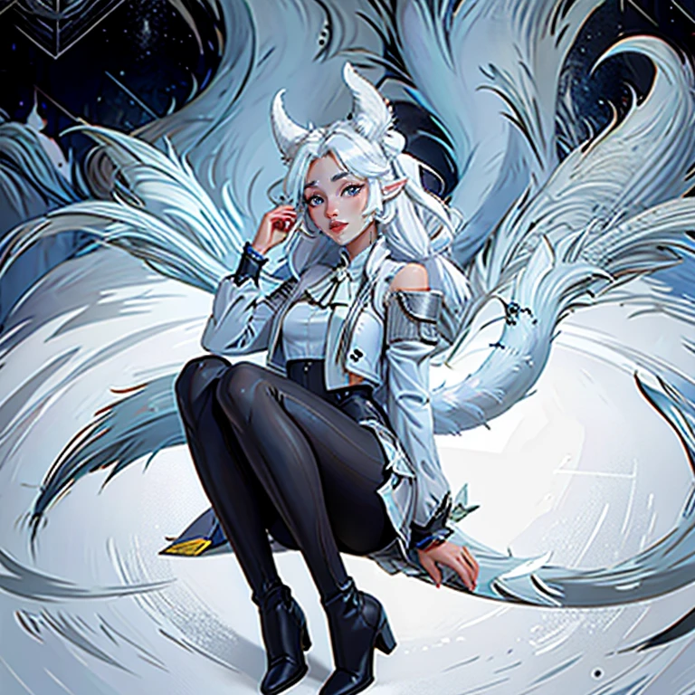 8k, resolution, high quality, high resolution, best quality, best resolution, absurd resolution, ray tracing, high detailed, masterpiece, shoulder length white hair, female,white 2 wolf ears, teenage girl, slim body, white scale dragon tail,black boots,black leggings, plaid skirt, grey T-shirt,white jacket, medium size chest, detailed blue eyes, detailed beautiful face,solo female,1 dragon tail, detailed eyes