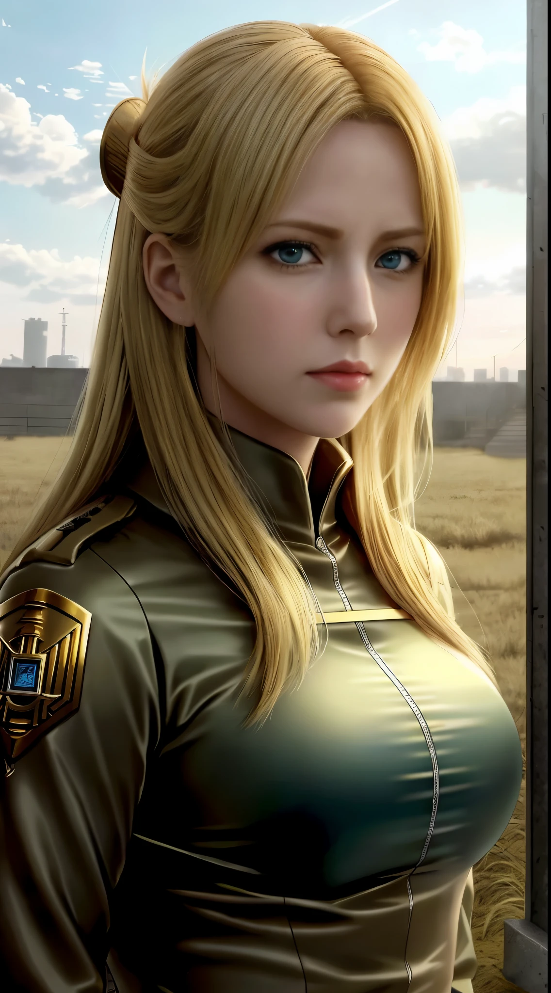 a close up of a woman with a gun in a field, from attack on titan, annie leonhart, looking like annie leonhart, attack on titan covert art, (attack on titans anime), in attack on titan, attack on titan, snk, attack on titan anime style, attack on titans, shingeki no kyojin, female protagonist 👀 :8，A giant female horn color glass tower · connection（Crysta Lens，Christa Lenz，voice：Eda Mikami），golden hair，Long golden hair，Combat attire，binh，metal light holder，golden hair，A giant female horn color glass tower · connection（Crysta Lens，Christa Lenz，voice：Eda Mikami），golden hair，Long golden hair，Combat attire，binh，metal light holder，golden hair，blue color eyes
