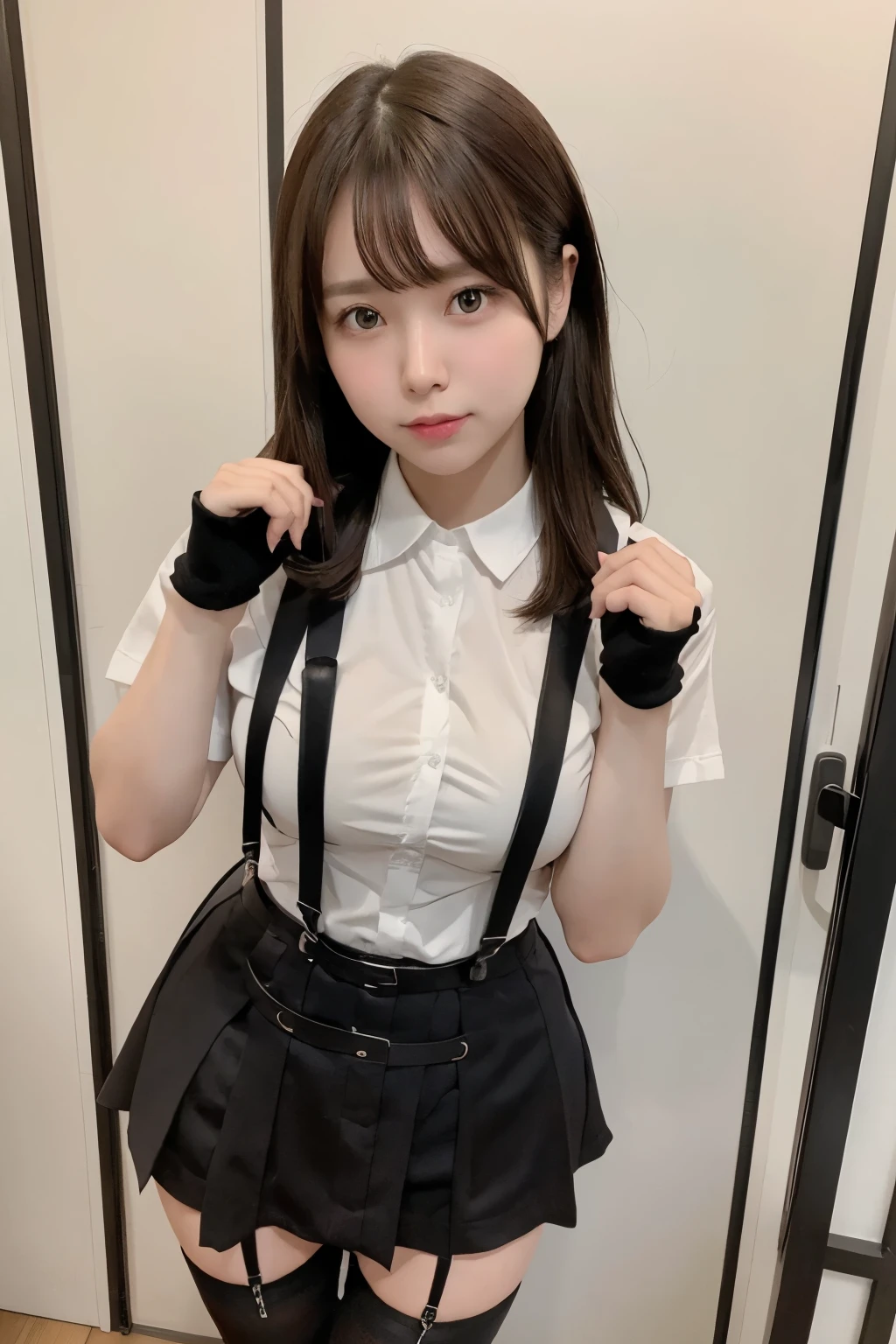 Brown hair、watching at viewers suspenders big breasts Black miniskirt garterbelts knee high socks Gaze Small face bangss Beautuful Women hands up Gaze Black boots Armpit sweat soio Fold your hands behind your back Belt Shirt teats