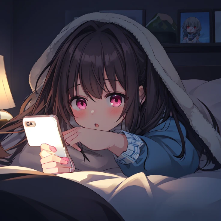 anime girl with pink eyes in bed with a phone in her hand, anime visual of a cute girl, cute anime girl, digital anime illustration, anime picture, 4 k manga wallpaper, 4k anime wallpaper, soft anime illustration, anime wallaper, anime art wallpaper 8 k, guweiz on pixiv artstation