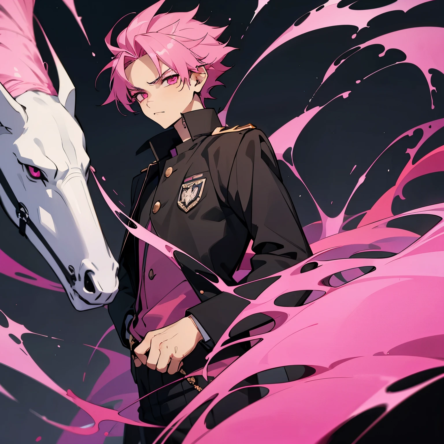 1 boy, pink hair, pink eyes, black cloth, handsome, kid, wearing uniform