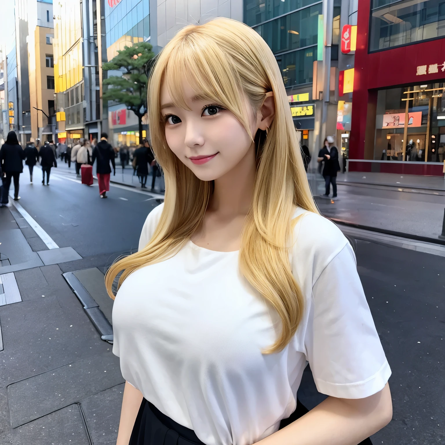 Very cute Japan woman。huge tit。Blonde long hair。The background is the city。