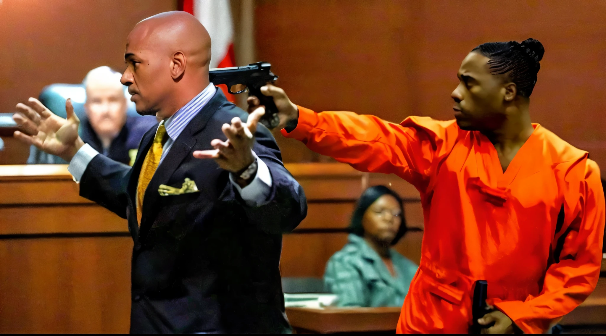 there is a black man with black curve hair wearing orange prison jumpsuit pointing a gun to a white American businessman wearing suit and raising its hand, black man holding a gun, courtroom scene, defense attorney, sakuga gunplay, photo illustration, court session images, in a courtroom, murder, courtroom drawing, sakuga mad gunplay, unarmed combat, in court, gunfire, , viral photo, murderous, courtroom sketch, gun fight, realistic image, 16k resolution, same detailed, white American attorney raising its two hands