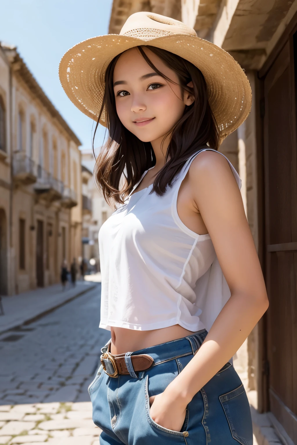 Beautiful teenage girl in an ancient city, The season is summer, smile, upper body composition, Rich natural environment, Photo quality, cowboy shot