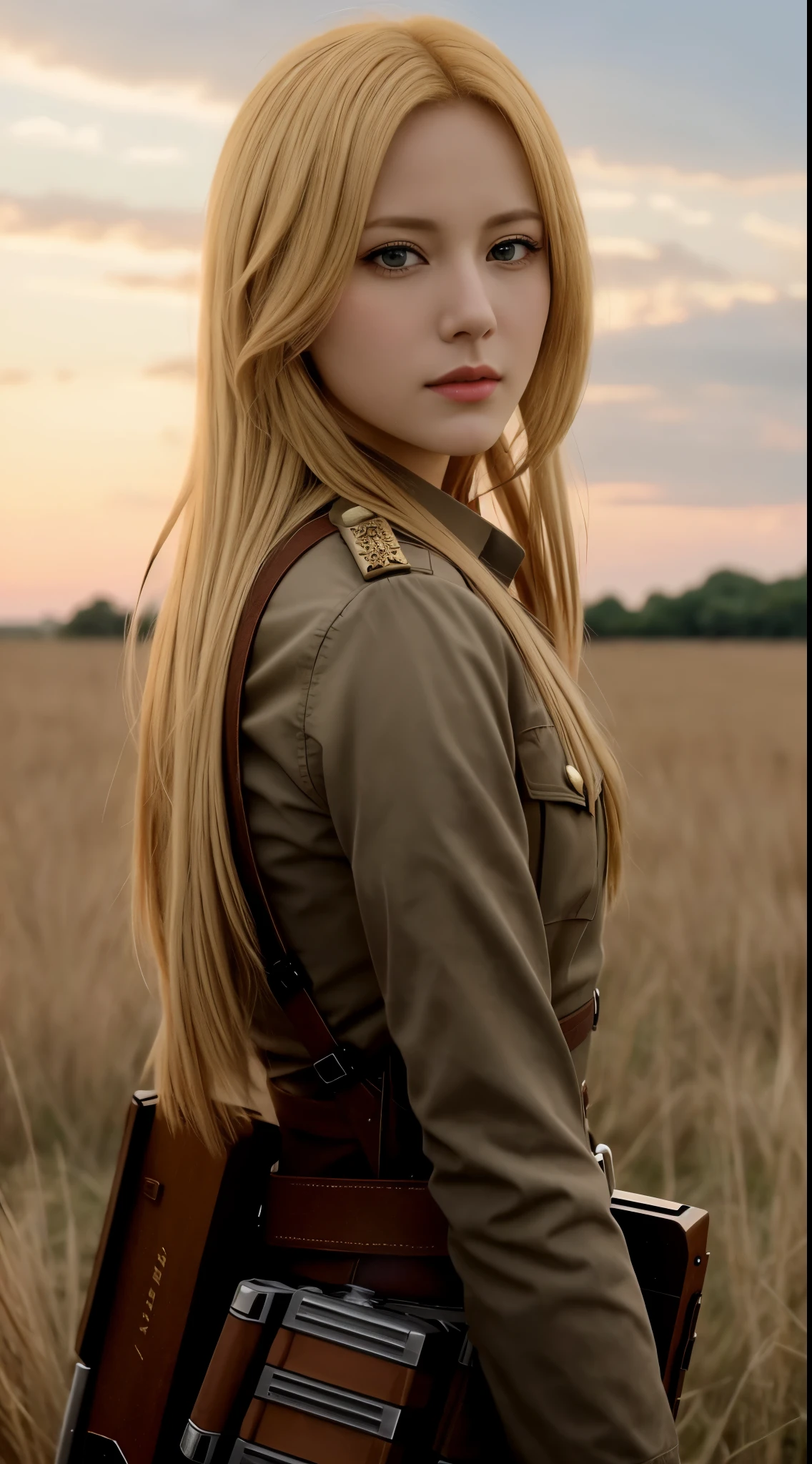 a close up of a woman with a gun in a field, from attack on titan, annie leonhart, looking like annie leonhart, attack on titan covert art, (attack on titans anime), in attack on titan, attack on titan, snk, attack on titan anime style, attack on titans, shingeki no kyojin, female protagonist 👀 :8,A giant female horn color glass tower · connection(Crysta Lens,Christa Lenz,voice:Eda Mikami),golden hair,Long golden hair,Combat attire,binh,metal light holder,golden hair,A giant female horn color glass tower · connection(Crysta Lens,Christa Lenz,voice:Eda Mikami),golden hair,Long golden hair,Combat attire,binh,metal light holder,golden hair,blue color eyes