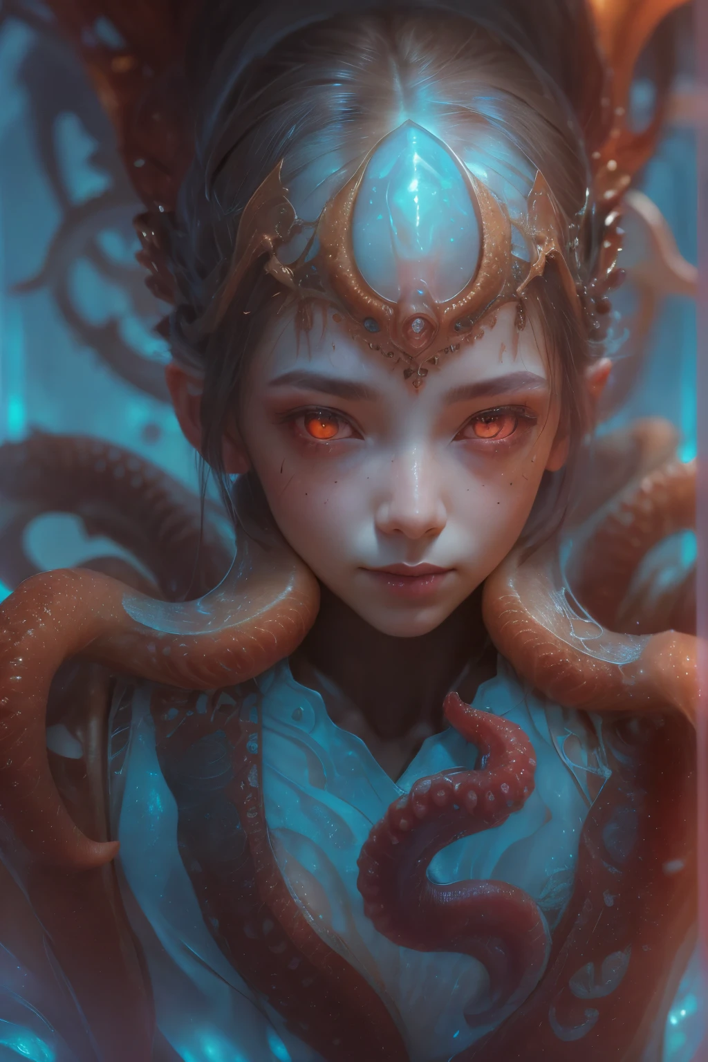 Portrait, (1 beautiful female alien:1.2), ((There is a female genital-like organ in the middle of the forehead:1.9)), (The most beautiful face in the history of the universe:1.2), (Scarlet eyes that shine mysteriously:1.6), (Translucent skin:1.8), an evil gaze that seduces, (red eyes:1.5), (large mouth:1.1), sharp teeth like a shark, Full body like, (bio luminescent:1.2), (Smile wickedly:1.3), (sexypose:1.5), alien, No humans, cells are fused, (Lots of translucent tentacles:1.1) (Translucent skin:1.3), extraterrestrial, cell, bio image, Best Quality, 8K,4K_quality, High Definition, Dramatic Lighting, masutepiece:1.5,cinematic quality, detail up, (Intricate details:1.2), High resolution, High Definition, drawing faithfully, (Thick eyebrows:1.2), Beautiful eyes with fine symmetry, (Ultra detailed eyes:1.2),(Highly detailed face and eyes:1.2), (High-resolution red-eye:1.4), Intimate face, (Super detailed skin quality feeling:1.4), Perfect Anatomy, (Beautiful toned body:1.5), (Moist skin:1.2), No makeup, (dark circles:1.1), long canines, cinematic drawing of characters, ultra high quality model, cinematic quality, detail up, (Intricate details:1.2), High resolution, High Definition, drawing faithfully, Official art, Unity 8K wall , 8K Portrait, Best Quality, Very High resolution, ultra detailed artistic photography, midnight aura, unreal enginee 5, Ultra Sharp Focus, art by alberto seveso, ArtGerm, Roisch, intricate artwork, best quality, masutepiece, ultra High resolution, (photos realistic:1.4), Ultra-realistic realism, dream-like, nautilus, Creation of fantasy, Snail, Dream Snail, (biopunk nautilus:1.3), Thrilling color schemes, Ultra-realistic realism, seductively smiling, Blue tentacles, Creatures that mimic humans