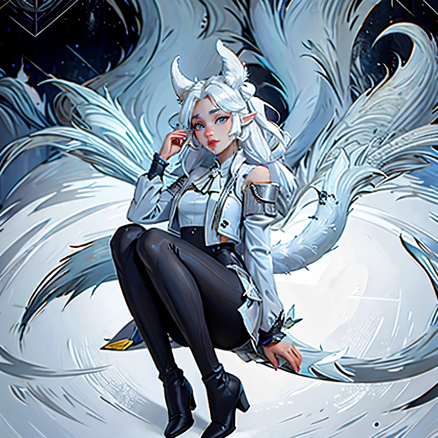 8k, resolution, high quality, high resolution, best quality, best resolution, absurd resolution, ray tracing, high detailed, masterpiece, shoulder length white hair, female,white 2 wolf ears, teenage girl, slim body, white scale dragon tail,black boots,black leggings, plaid skirt, grey T-shirt,white jacket, medium size chest, detailed blue eyes, detailed beautiful face,solo female,1 dragon tail, detailed eyes