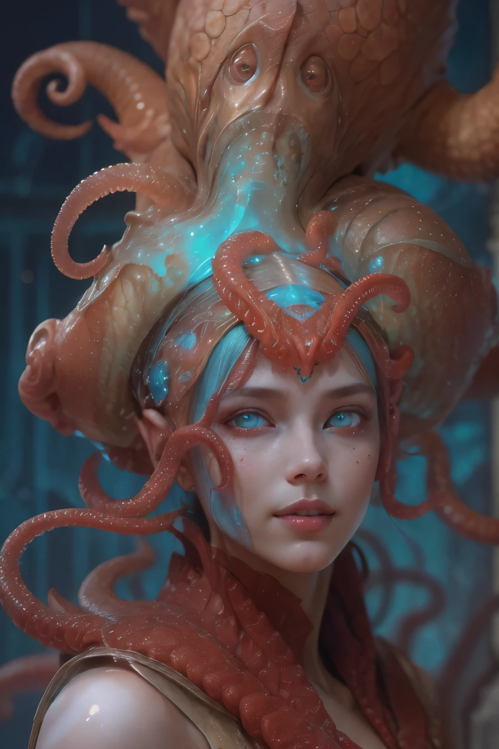 Portrait, (1 beautiful female alien:1.2), ((There is a female genital-like organ in the middle of the forehead:1.9)), (The most beautiful face in the history of the universe:1.2), (Scarlet eyes that shine mysteriously:1.6), (Translucent skin:1.8), an evil gaze that seduces, (red eyes:1.5), (large mouth:1.1), sharp teeth like a shark, Full body like, (bio luminescent:1.2), (Smile wickedly:1.3), (sexypose:1.5), alien, No humans, cells are fused, (Lots of translucent tentacles:1.1) (Translucent skin:1.3), extraterrestrial, cell, bio image, Best Quality, 8K,4K_quality, High Definition, Dramatic Lighting, masutepiece:1.5,cinematic quality, detail up, (Intricate details:1.2), High resolution, High Definition, drawing faithfully, (Thick eyebrows:1.2), Beautiful eyes with fine symmetry, (Ultra detailed eyes:1.2),(Highly detailed face and eyes:1.2), (High-resolution red-eye:1.4), Intimate face, (Super detailed skin quality feeling:1.4), Perfect Anatomy, (Beautiful toned body:1.5), (Moist skin:1.2), No makeup, (dark circles:1.1), long canines, cinematic drawing of characters, ultra high quality model, cinematic quality, detail up, (Intricate details:1.2), High resolution, High Definition, drawing faithfully, Official art, Unity 8K wall , 8K Portrait, Best Quality, Very High resolution, ultra detailed artistic photography, midnight aura, unreal enginee 5, Ultra Sharp Focus, art by alberto seveso, ArtGerm, Roisch, intricate artwork, best quality, masutepiece, ultra High resolution, (photos realistic:1.4), Ultra-realistic realism, dream-like, nautilus, Creation of fantasy, Snail, Dream Snail, (biopunk nautilus:1.3), Thrilling color schemes, Ultra-realistic realism, seductively smiling, Blue tentacles, Creatures that mimic humans